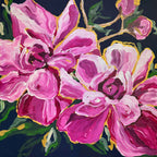 "Midnight Peonies" by Maggie Deall is a dramatic acrylic artwork featuring pink peonies with golden accents on a dark background. Float framed in oak.