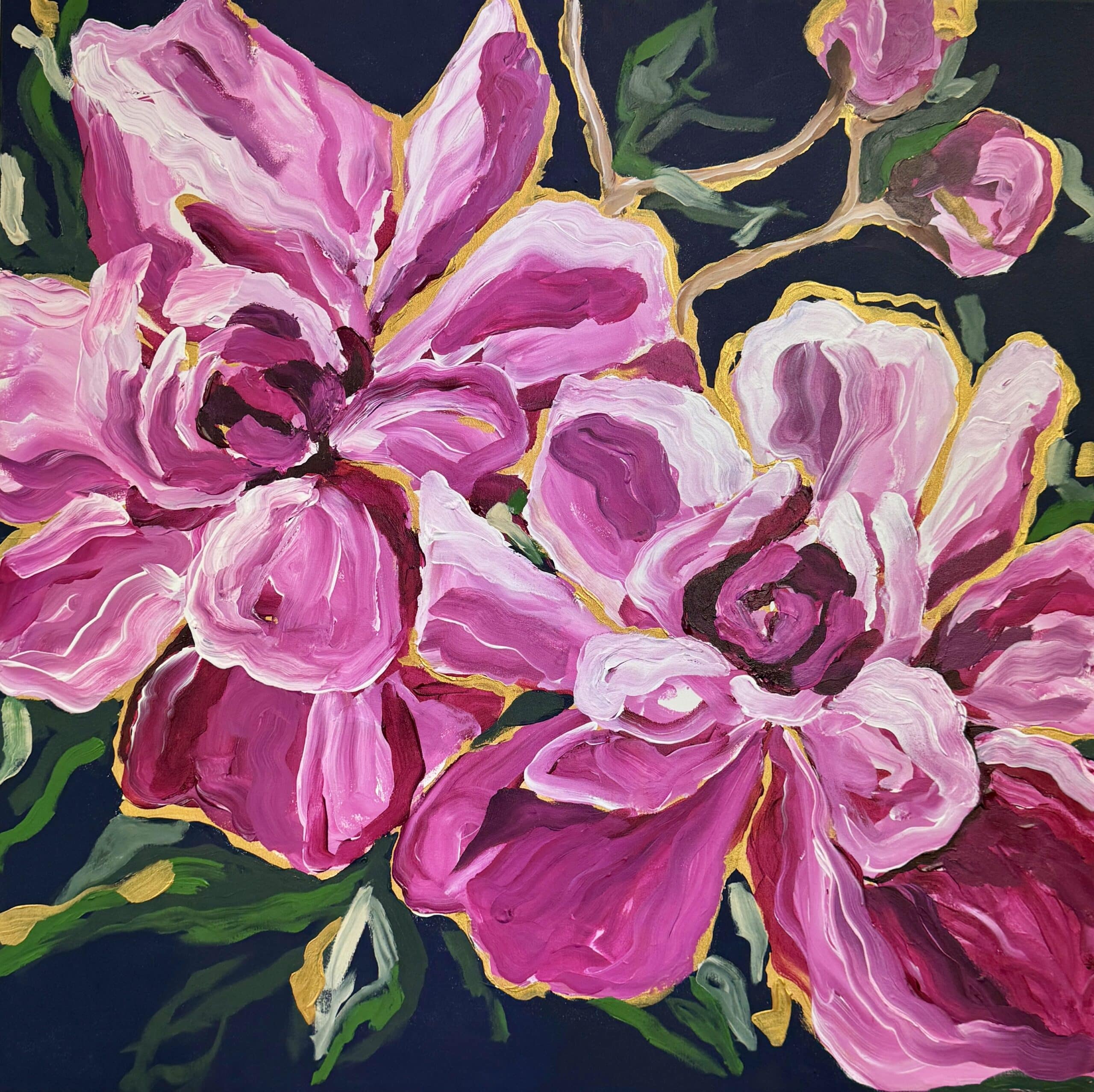 "Midnight Peonies" by Maggie Deall is a dramatic acrylic artwork featuring pink peonies with golden accents on a dark background. Float framed in oak.