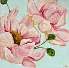 "Delicate Peonies" by Maggie Deall is a serene acrylic painting featuring pale pink peonies on a mint-green background. Float framed in Australian oak.