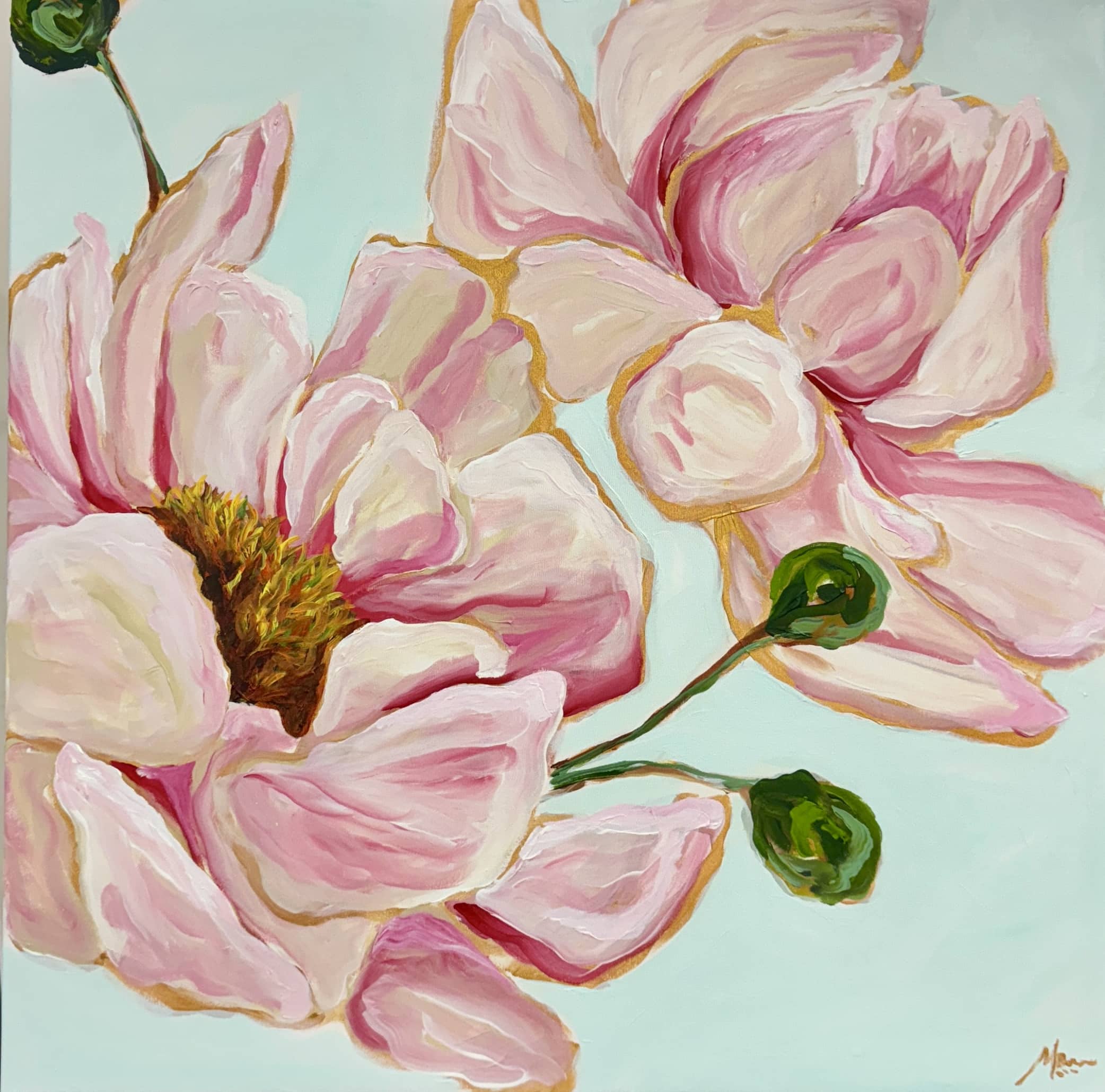 "Delicate Peonies" by Maggie Deall is a serene acrylic painting featuring pale pink peonies on a mint-green background. Float framed in Australian oak.