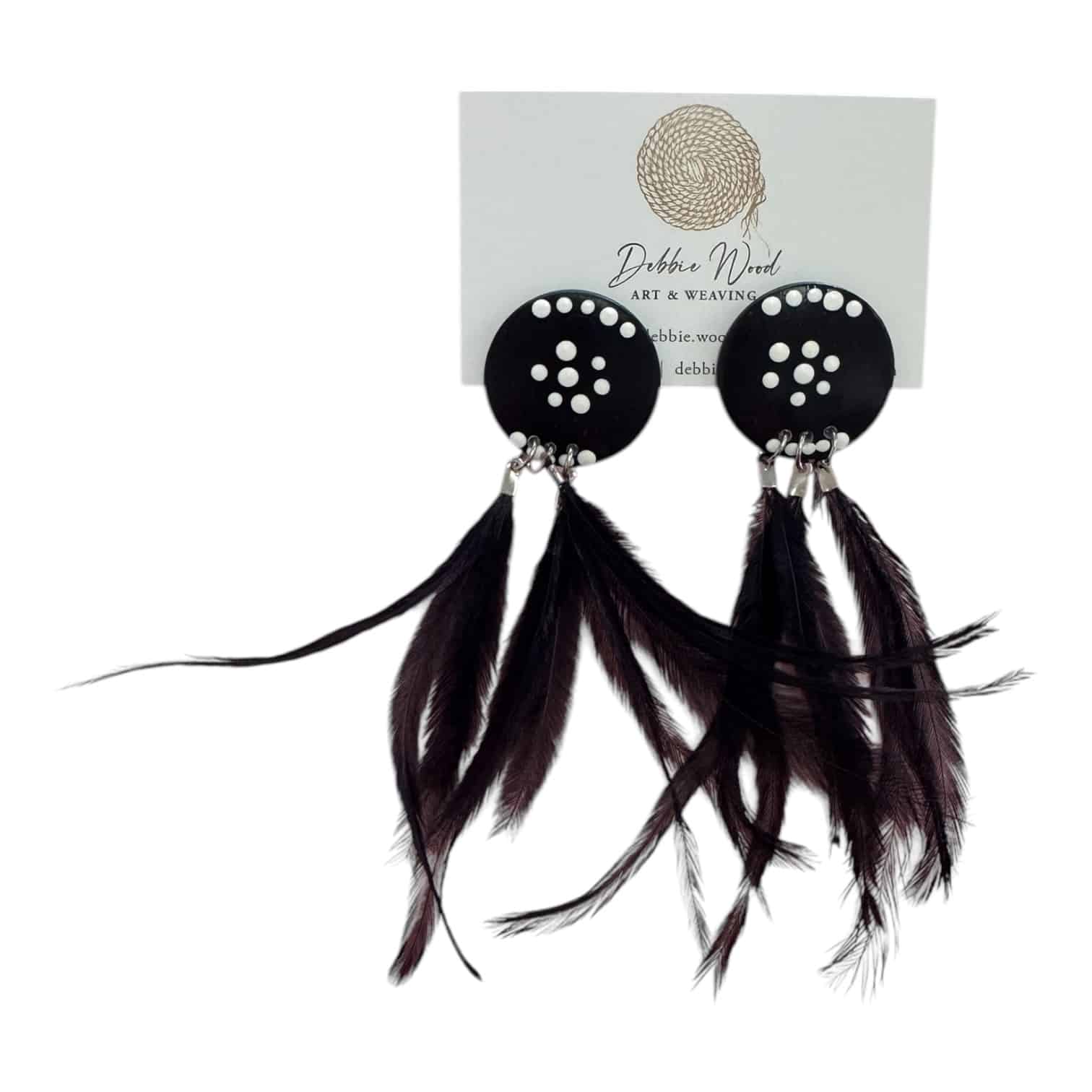 Midnight Sky Earrings by Debbie Wood – black and white hand-painted studs with ethically sourced emu feathers. Bold, wearable art.