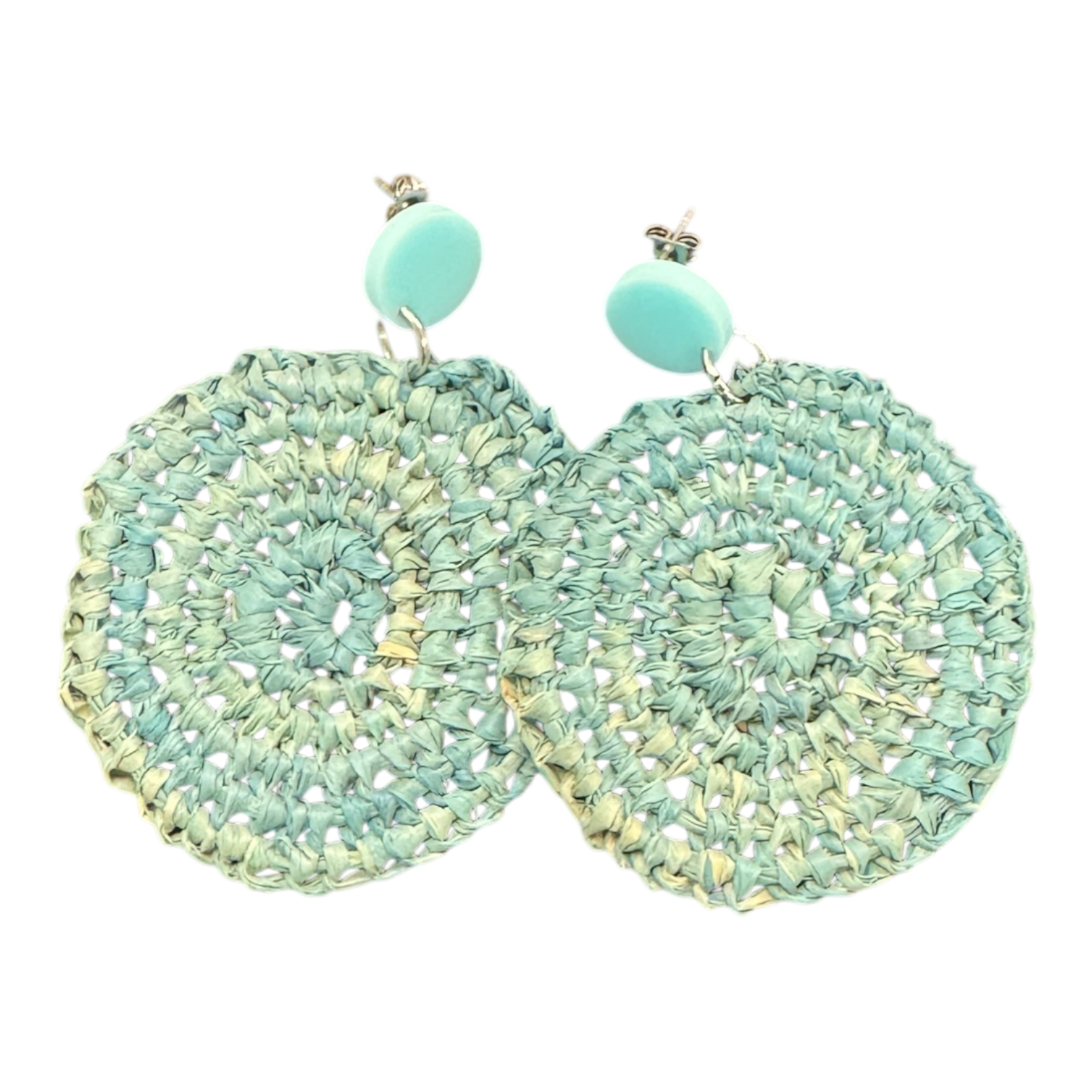 Handwoven blue raffia earrings by Gomeroi artist Debbie Wood. Lightweight Indigenous jewellery inspired by river and sky. Shop Australian handmade earrings.