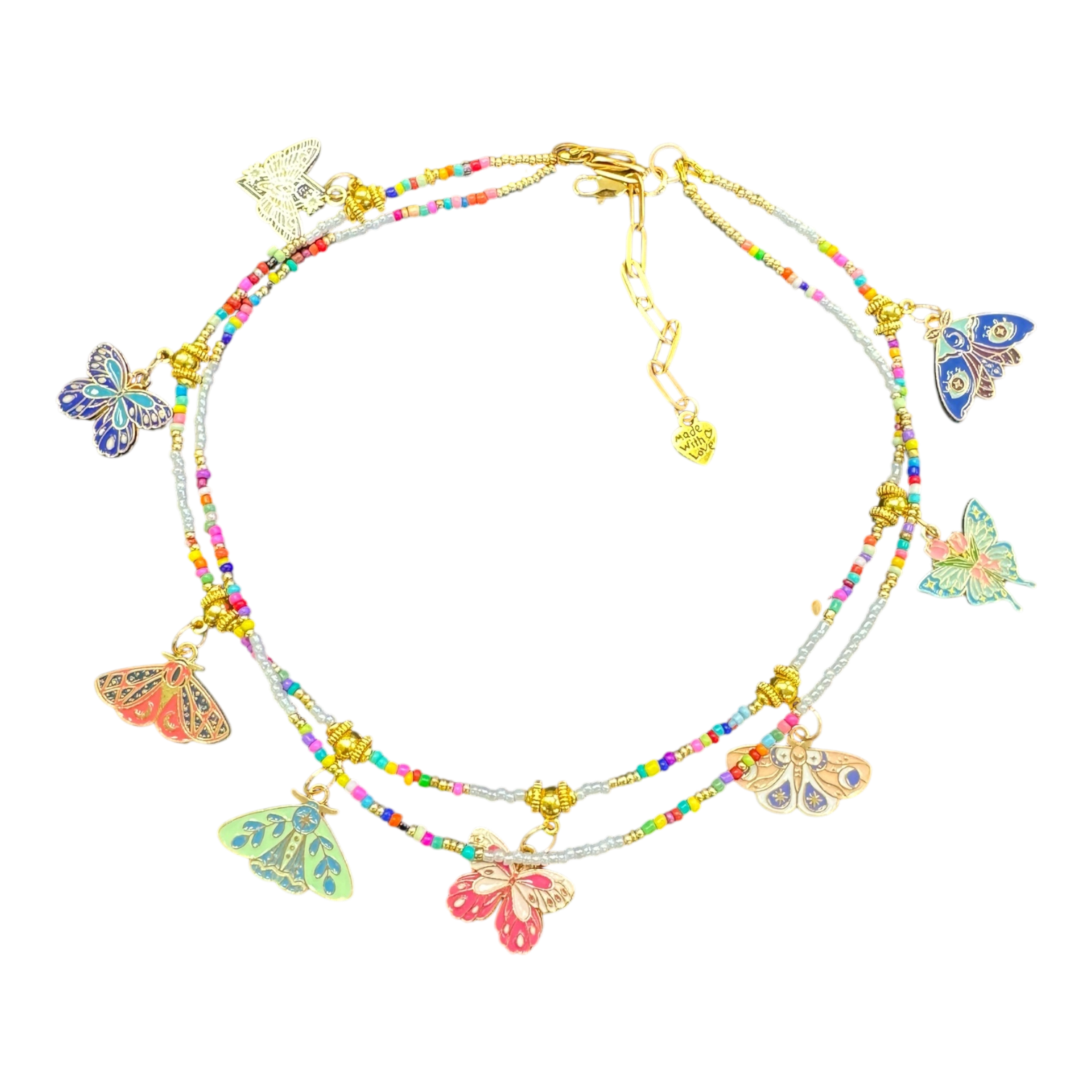 “Flutter Club” handmade Art in Stone necklace — enamel butterfly charms, rainbow beads & semi-precious stones. Fun, bright Australian jewellery.