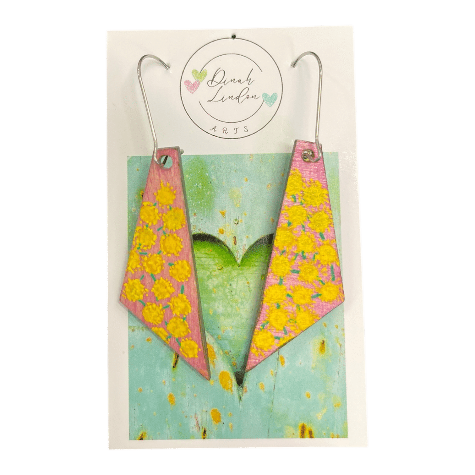 Wattle Song Arrows – pink and yellow earrings inspired by Australian wattle, handcrafted in a modern angular shape.