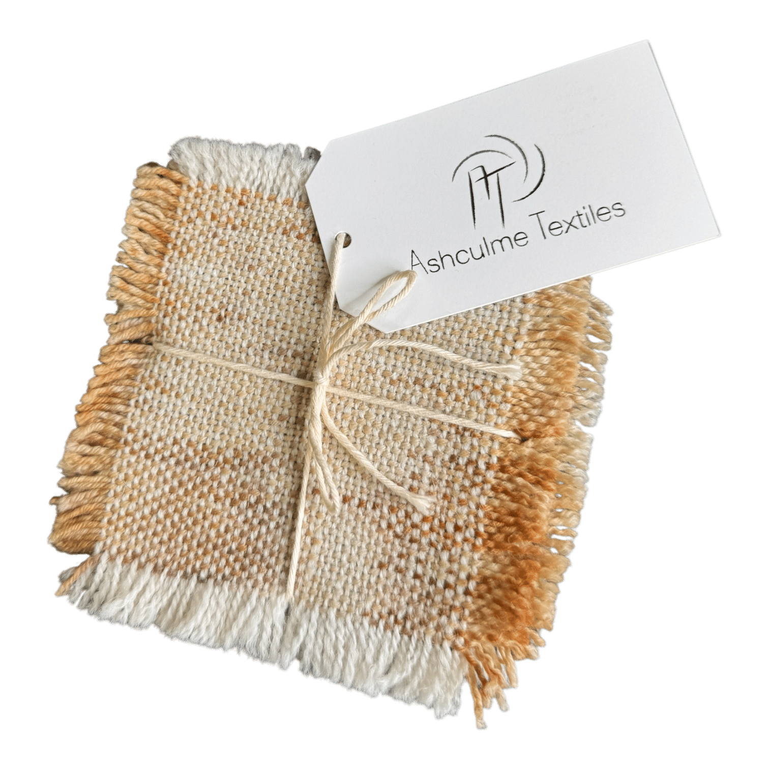 Cream and gold-toned handwoven coasters in alpaca and merino. Naturally dyed with foraged plants. Set of four - Golden Cream coasters.