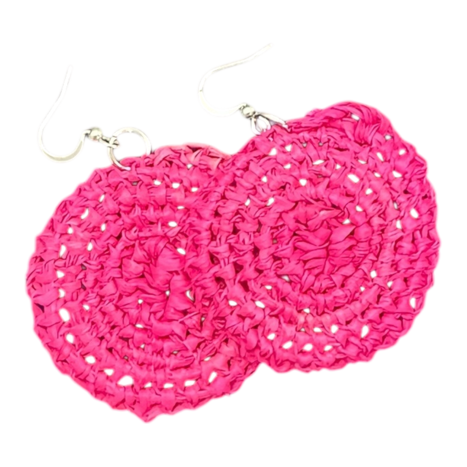 Hot pink raffia earrings by Gomeroi artist Debbie Wood. Lightweight Indigenous handmade jewellery. Unique Australian statement earrings.