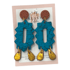 Shine bright with Golden Hour handmade polymer clay earrings by Klayy Collection – turquoise & gold statement dangles inspired by sunset tones.