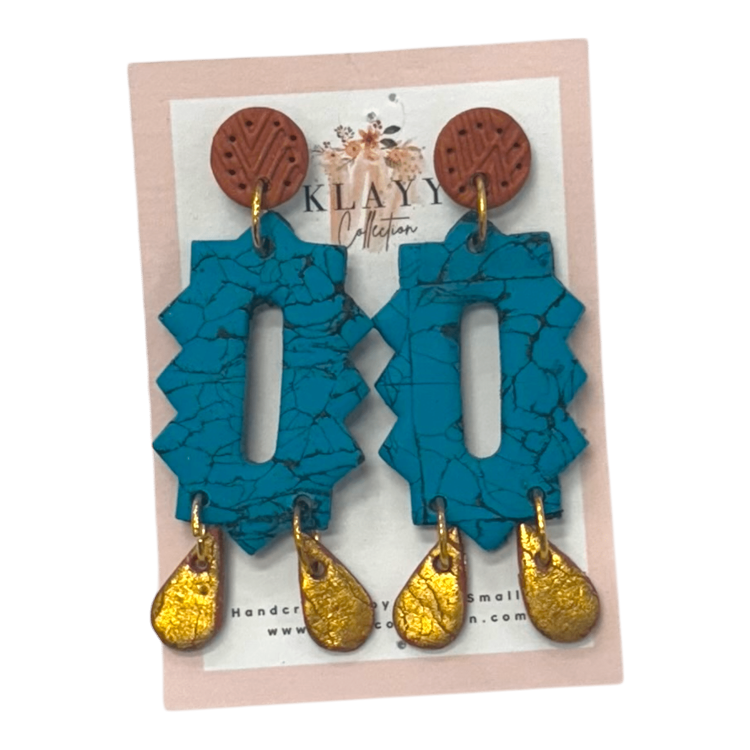 Shine bright with Golden Hour handmade polymer clay earrings by Klayy Collection – turquoise & gold statement dangles inspired by sunset tones.