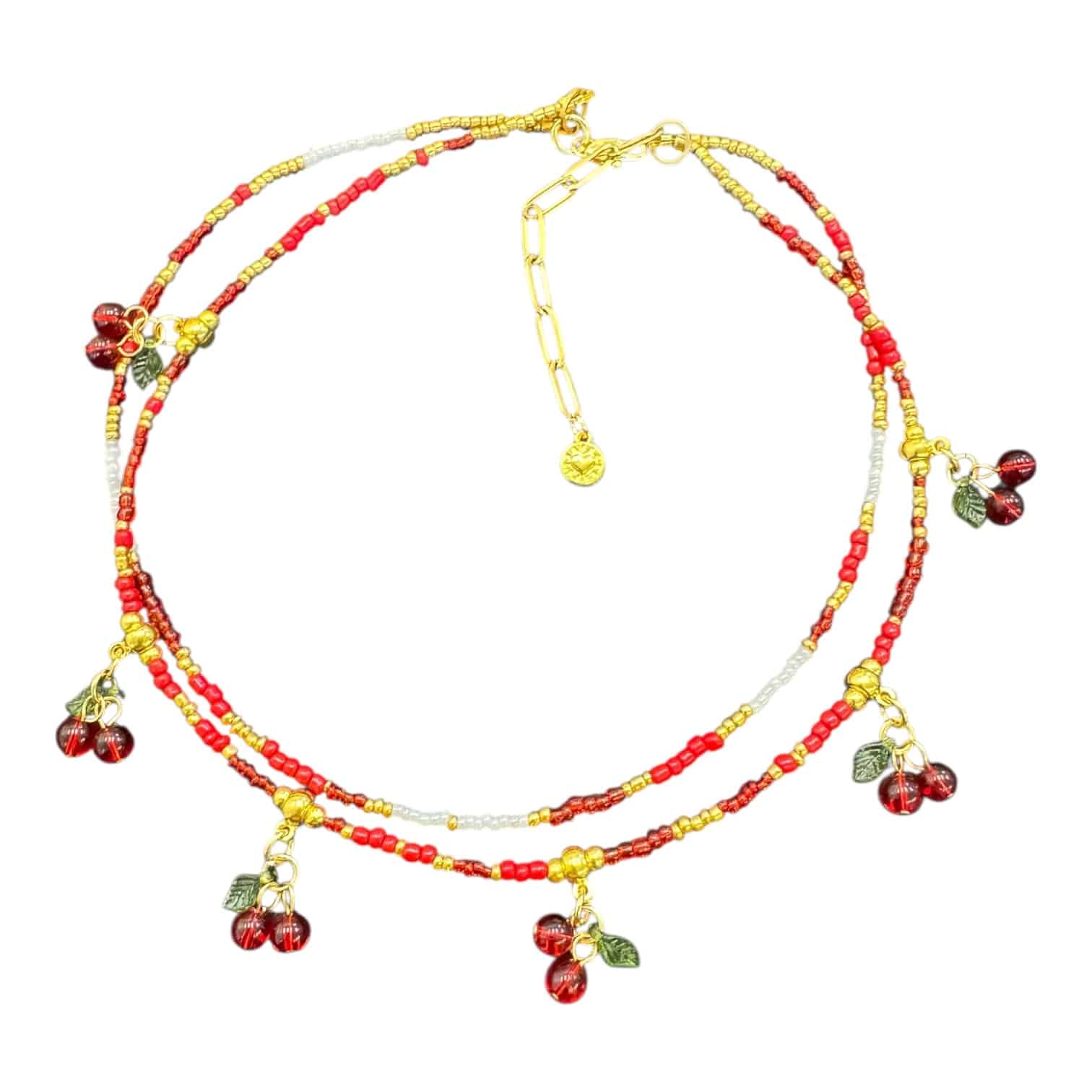 “Cherry Bomb” handmade Art in Stone necklace — glass cherry charms, semi-precious stones & retro red-gold sparkle. Fun Australian jewellery.