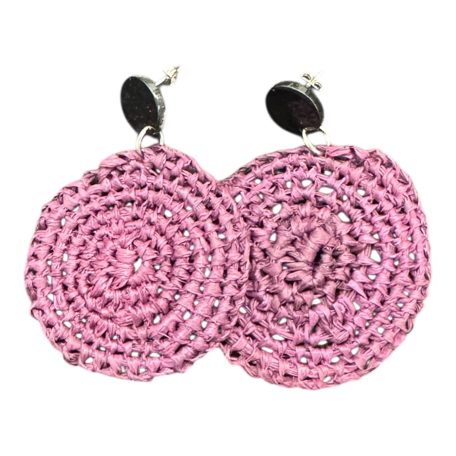 Pink handwoven raffia earrings by Gomeroi artist Debbie Wood. Lightweight Indigenous jewellery with black studs. Shop unique Australian handmade earrings.
