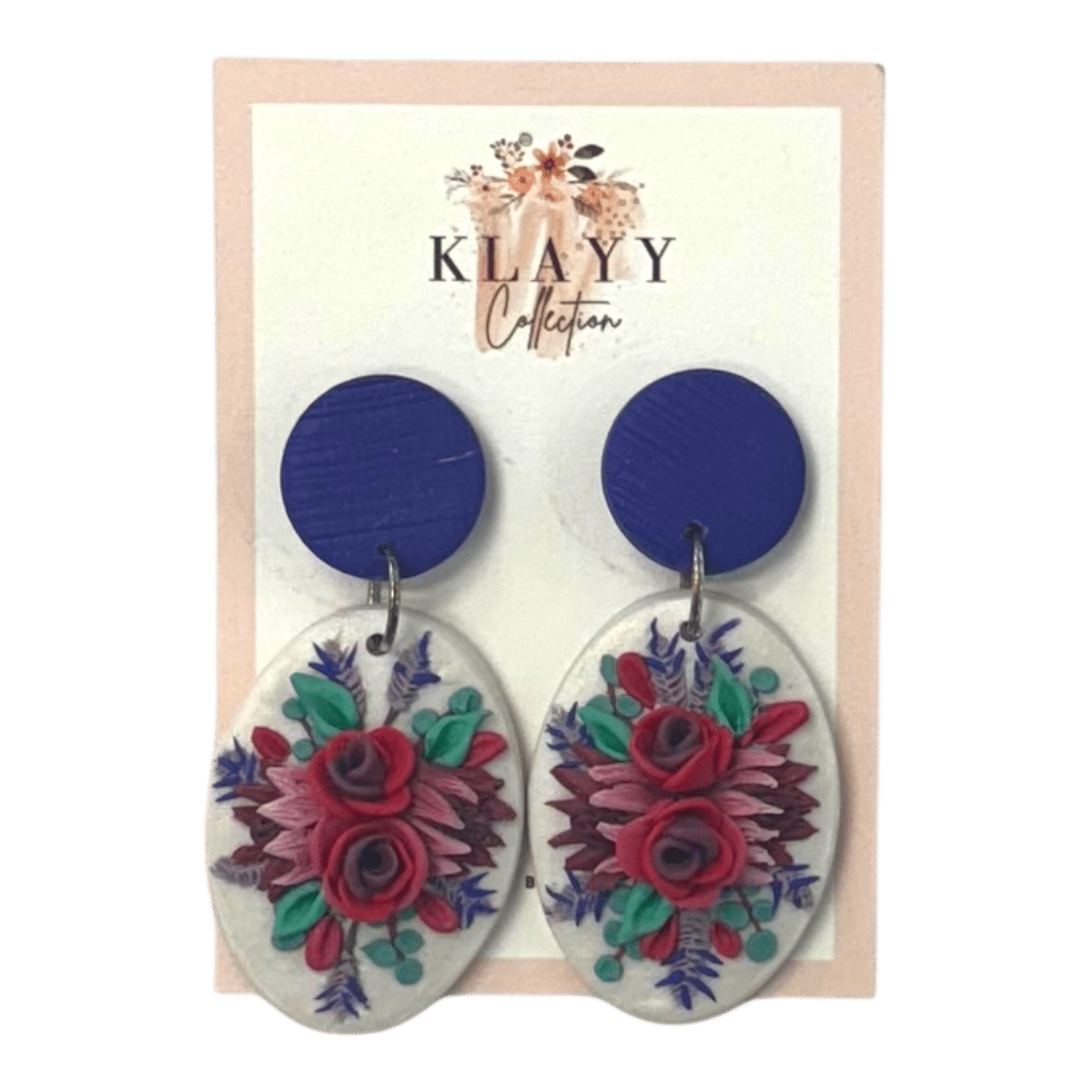 Midnight Roses handmade polymer clay earrings by Klayy Collection – navy & red floral ovals for bold, elegant statement style.