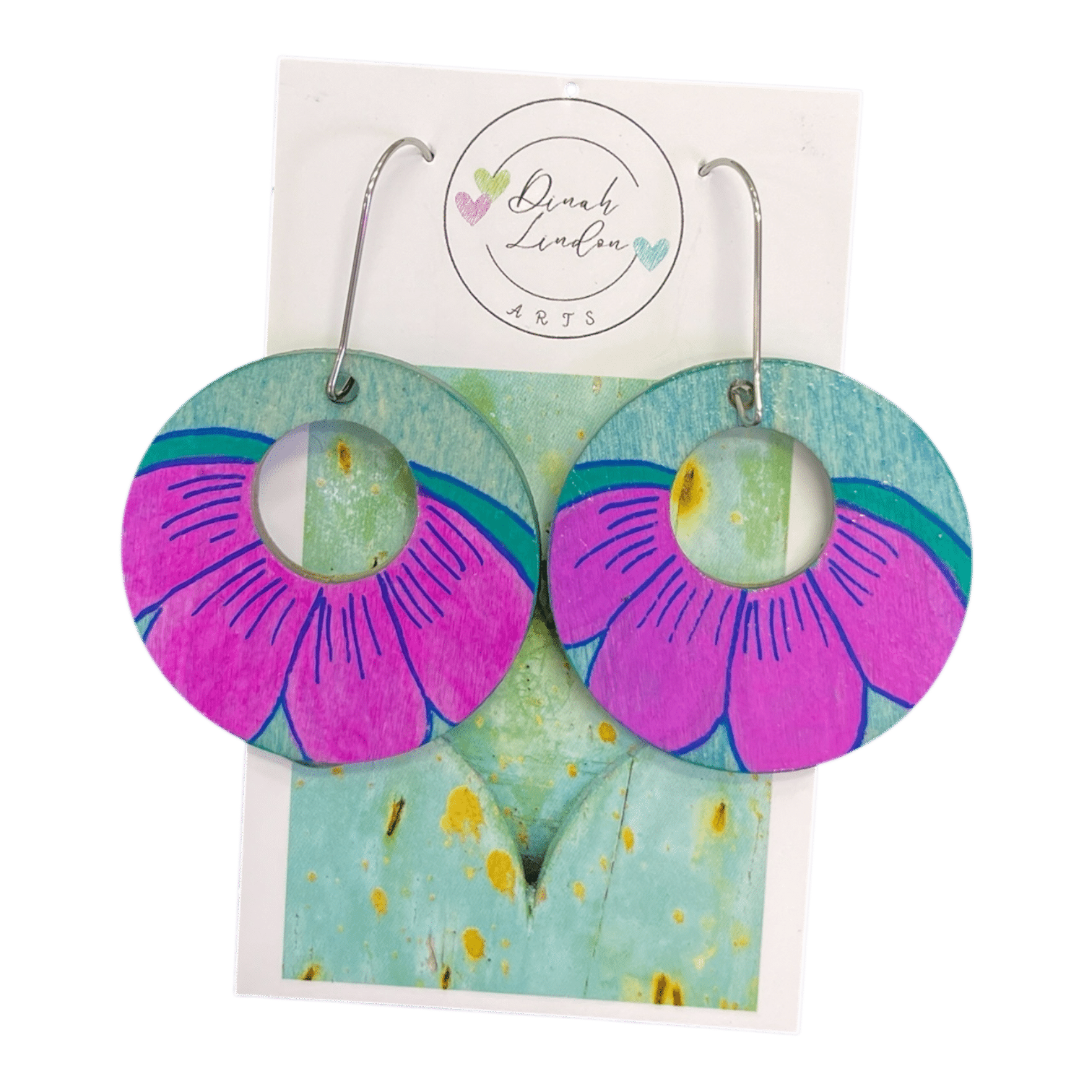 Petal Power Hoops – large round earrings featuring bold purple petals over a turquoise base, handpainted and gloss sealed by Dinah Lindon.