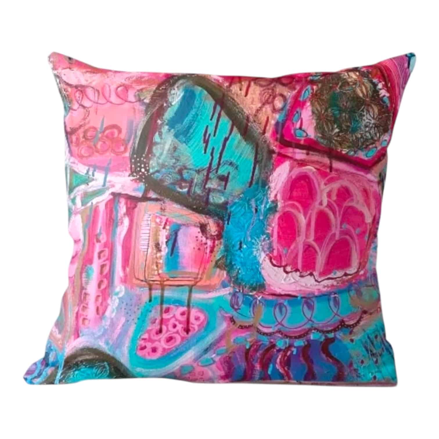 Transform your space with Lindy Farley’s 40cm x 40cm playful abstract cushion in pink and turquoise. Perfect for adding an artistic flair to your home.