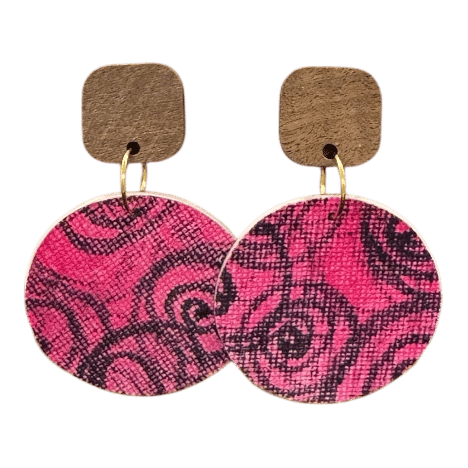 “Magenta Whirl” hand-painted earrings by Lindy Farley — eco-friendly recycled coffee pod art in swirling magenta tones.