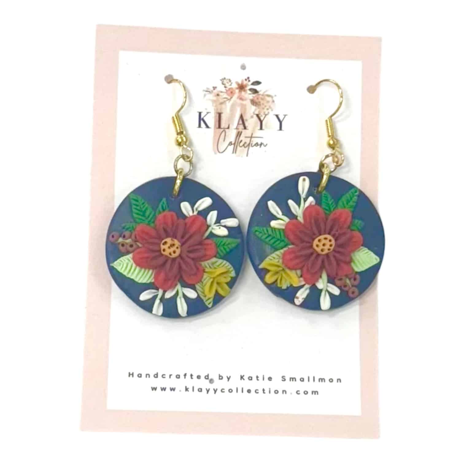 Handmade Crimson Bloom Earrings by Klayy Collection — navy and red floral polymer clay earrings with timeless handcrafted beauty.