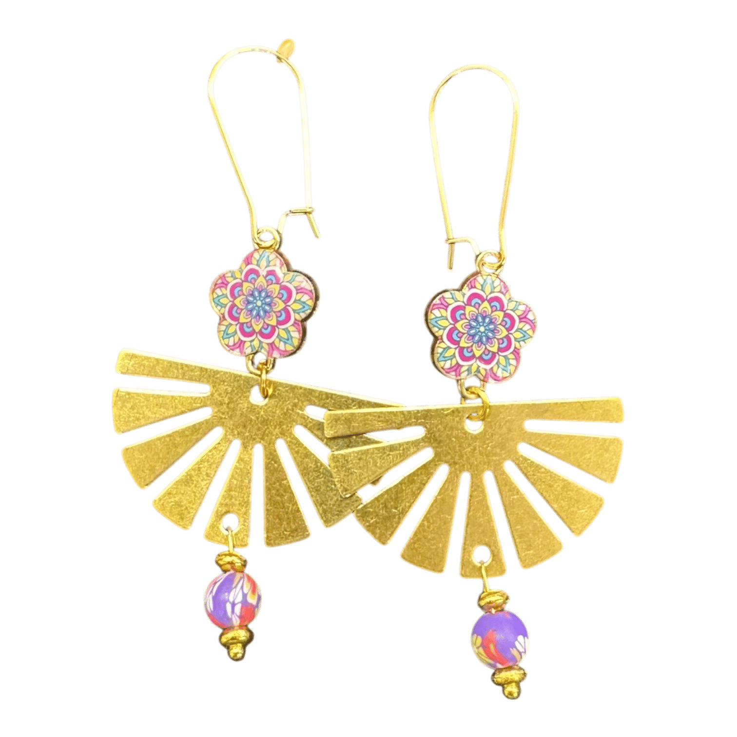 Handmade Sunburst Bloom Earrings by Art in Stone — gold fan earrings with mandala flowers and purple crystal beads for vibrant everyday sparkle.
