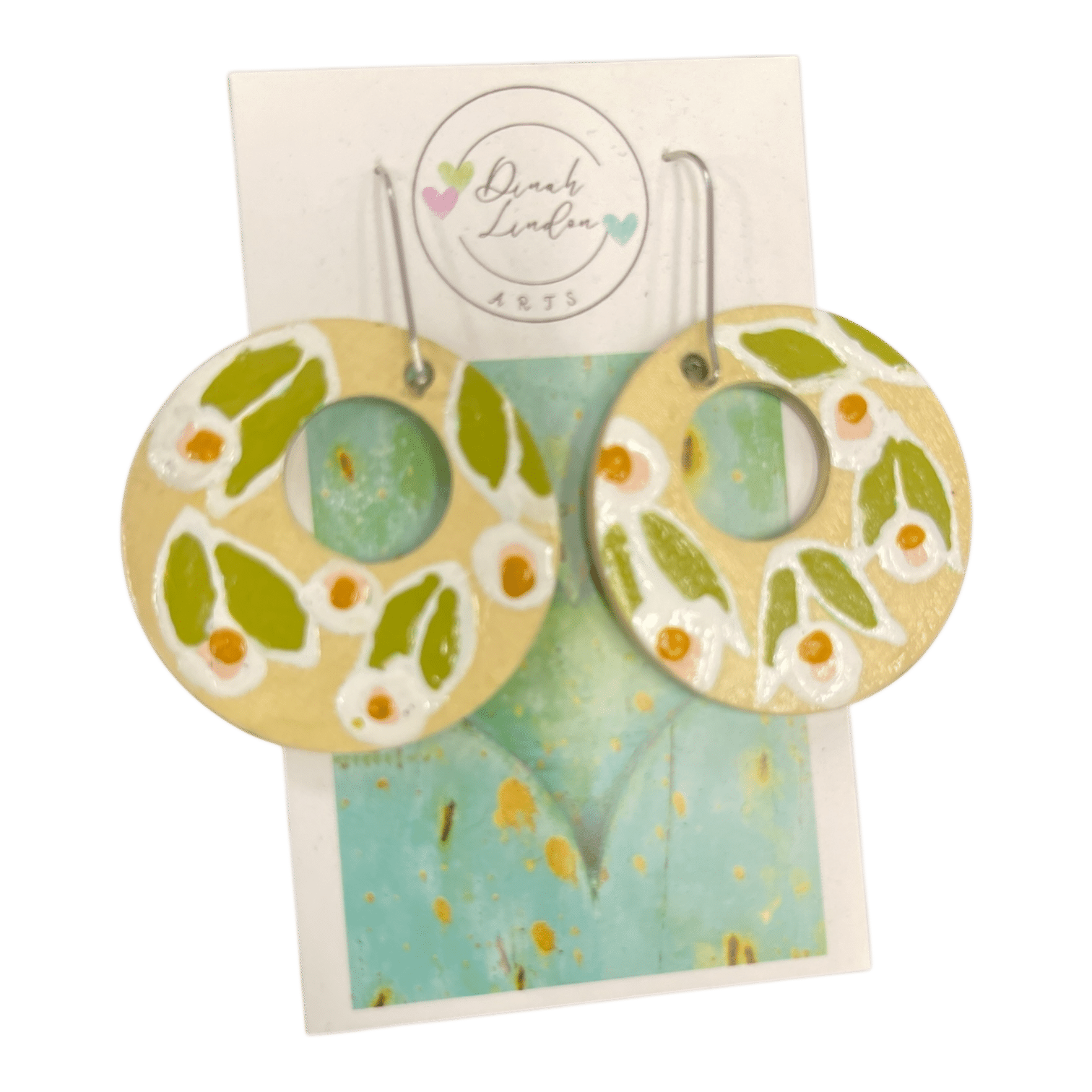 Olive Garden Hoops – earthy round earrings with olive leaves and floral accents, handpainted and sealed with gloss by Dinah Lindon.
