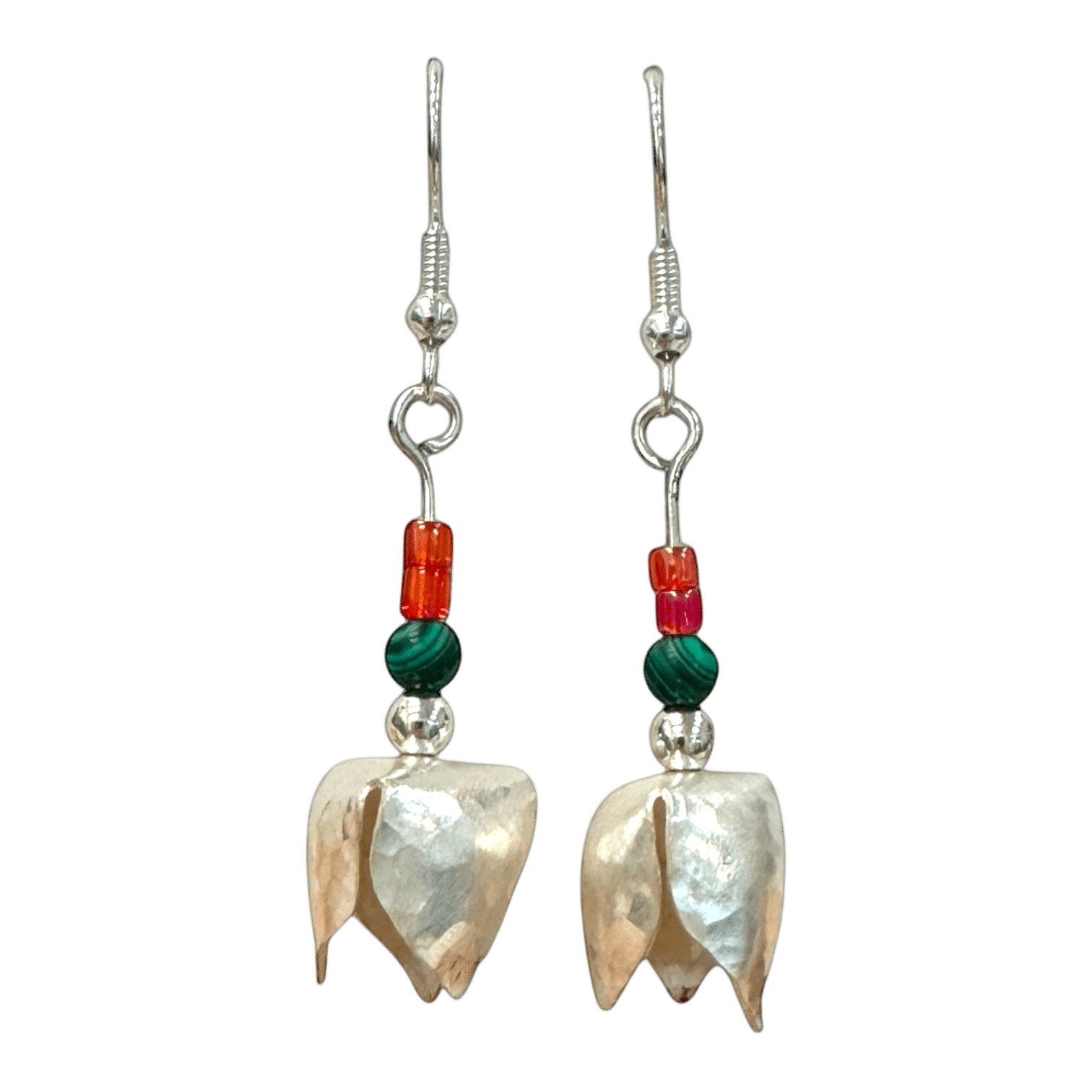 Blooming Bell Earrings by Kevin Sterling – floral-inspired silver earrings with sculpted petals and colourful bead detailing.
