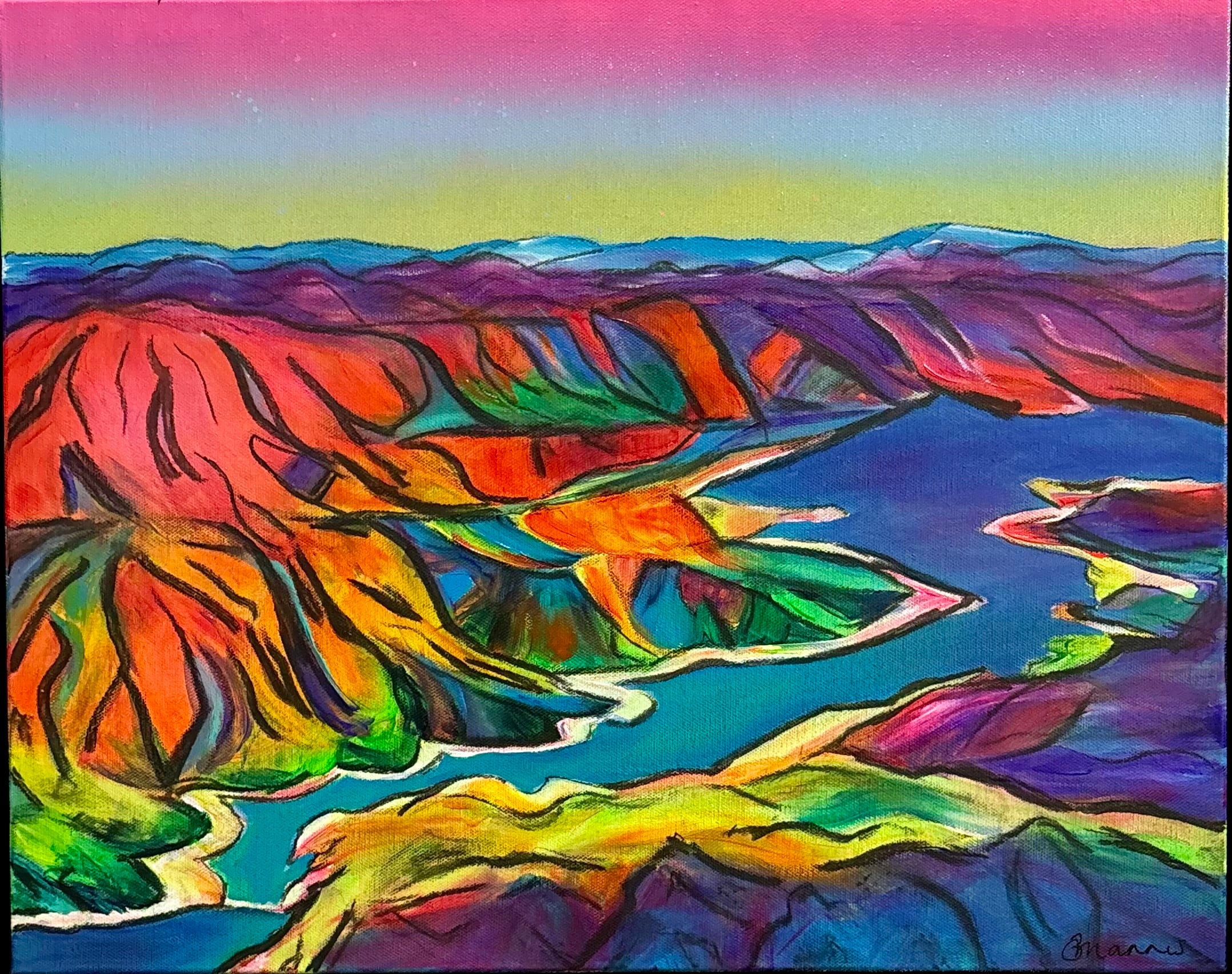 Flowing into Blowering by Bridgette Mannes is a vibrant acrylic and charcoal painting, capturing the flow of water between iconic reservoirs.