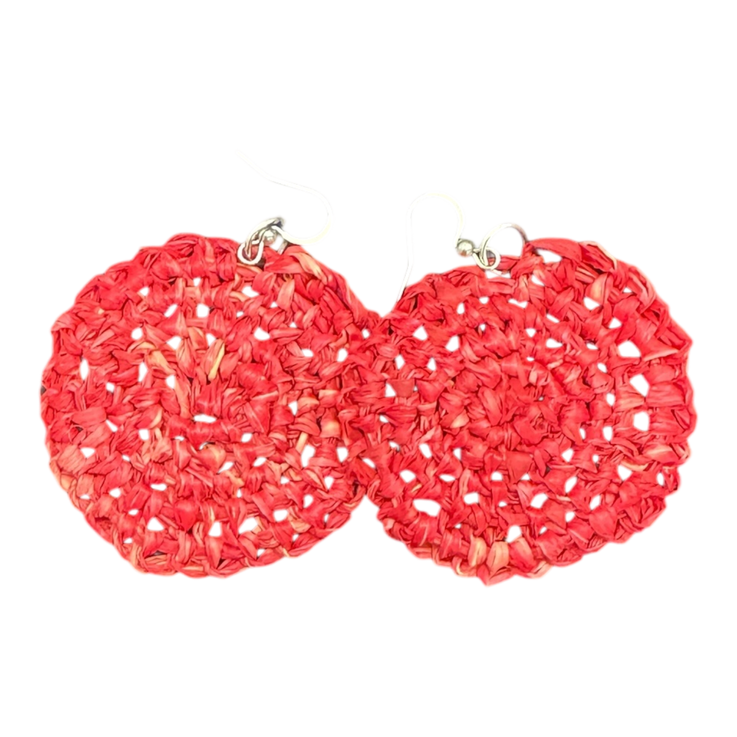 Handwoven red raffia earrings by Gomeroi artist Debbie Wood. Lightweight, vibrant Indigenous jewellery. Shop Australian handmade earrings.