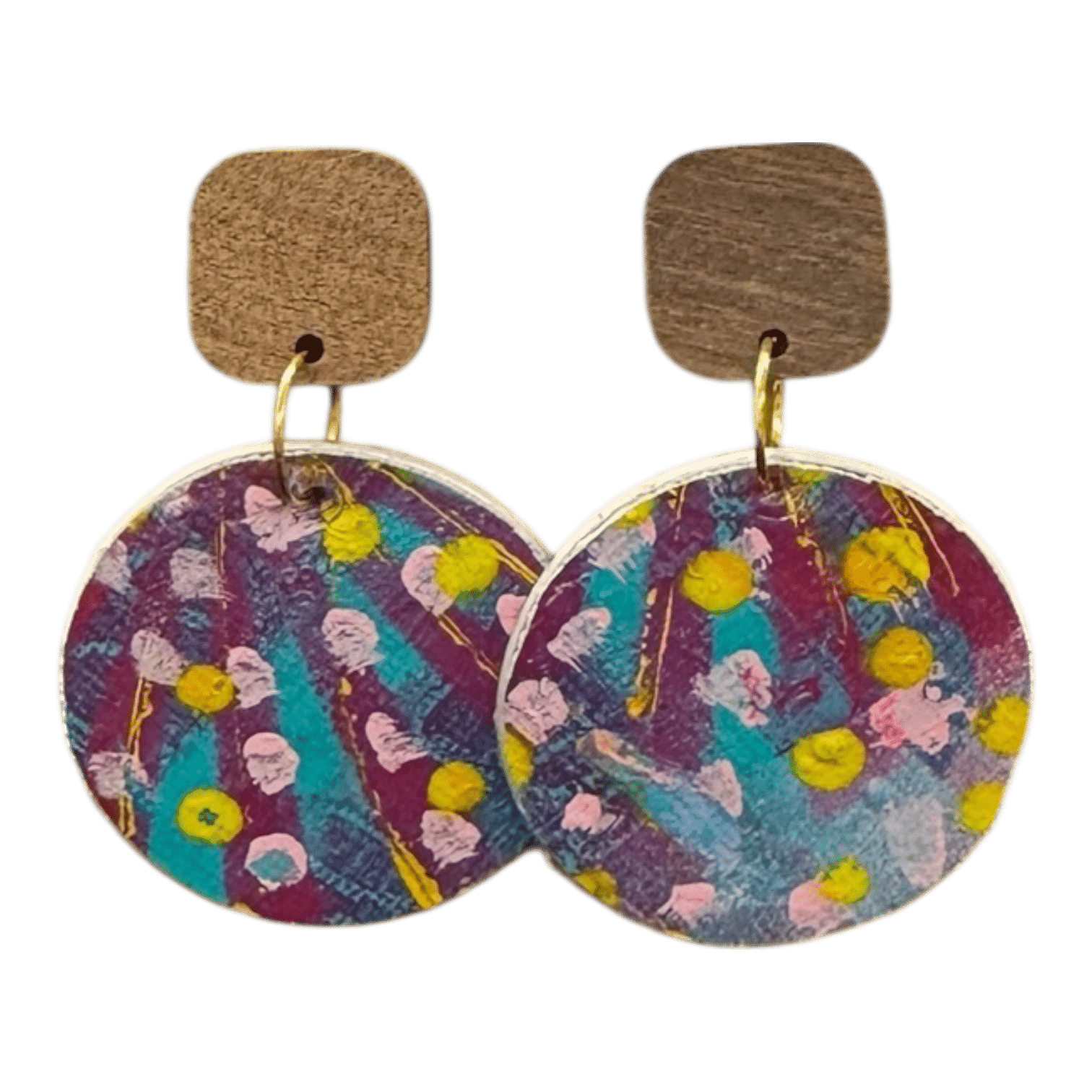 Cosmic Carnival hand-painted earrings by Lindy Farley — bold turquoise, magenta & yellow eco-friendly jewellery made from recycled coffee pods.