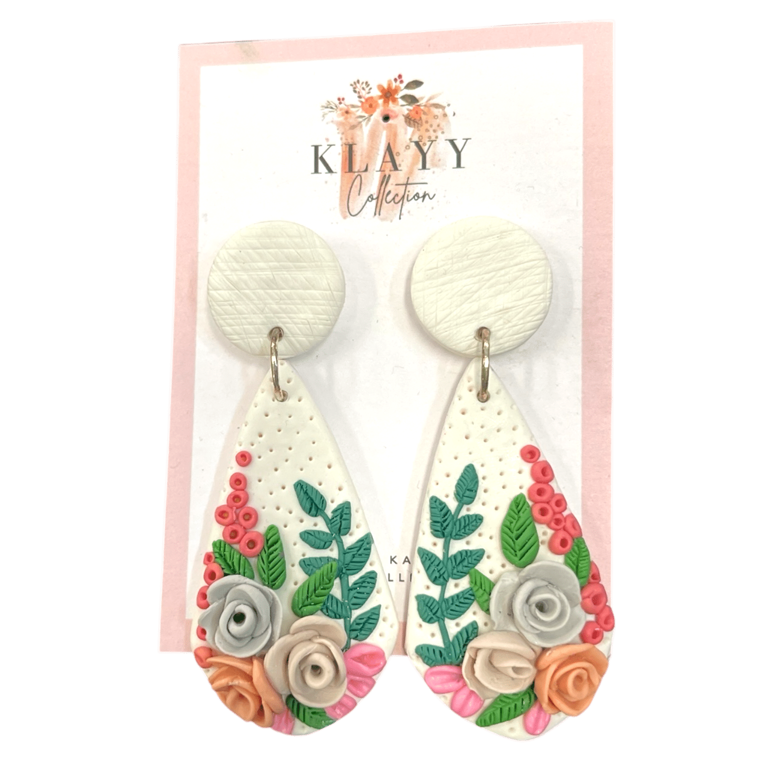 Garden Stroll earrings feature a spring-inspired floral bouquet on white clay with soft roses and greenery. Fresh, feminine, and handmade.