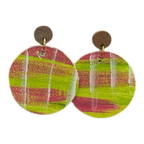 Spring Picnic Plaid hand-painted earrings by Lindy Farley — bright green & pink eco-friendly jewellery made from recycled aluminium coffee pods.