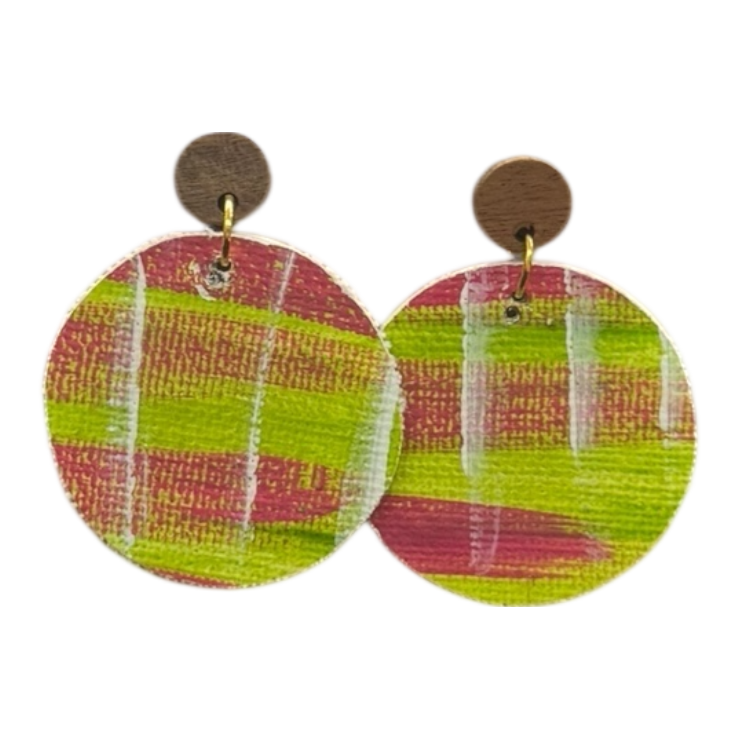 Spring Picnic Plaid hand-painted earrings by Lindy Farley — bright green & pink eco-friendly jewellery made from recycled aluminium coffee pods.