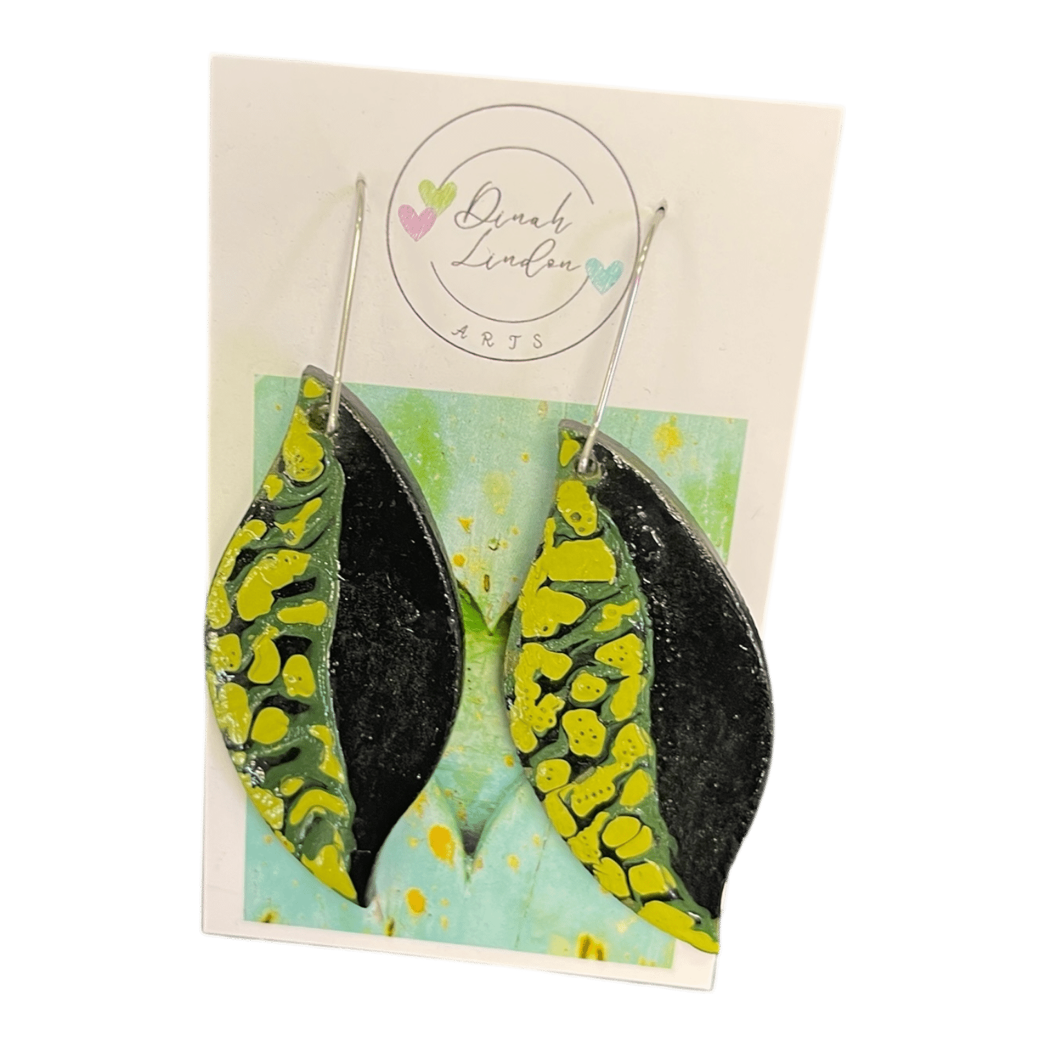 Gecko Leaf Dangles – handpainted leaf-shaped earrings in black and lime green with a glossy finish by Dinah Lindon.