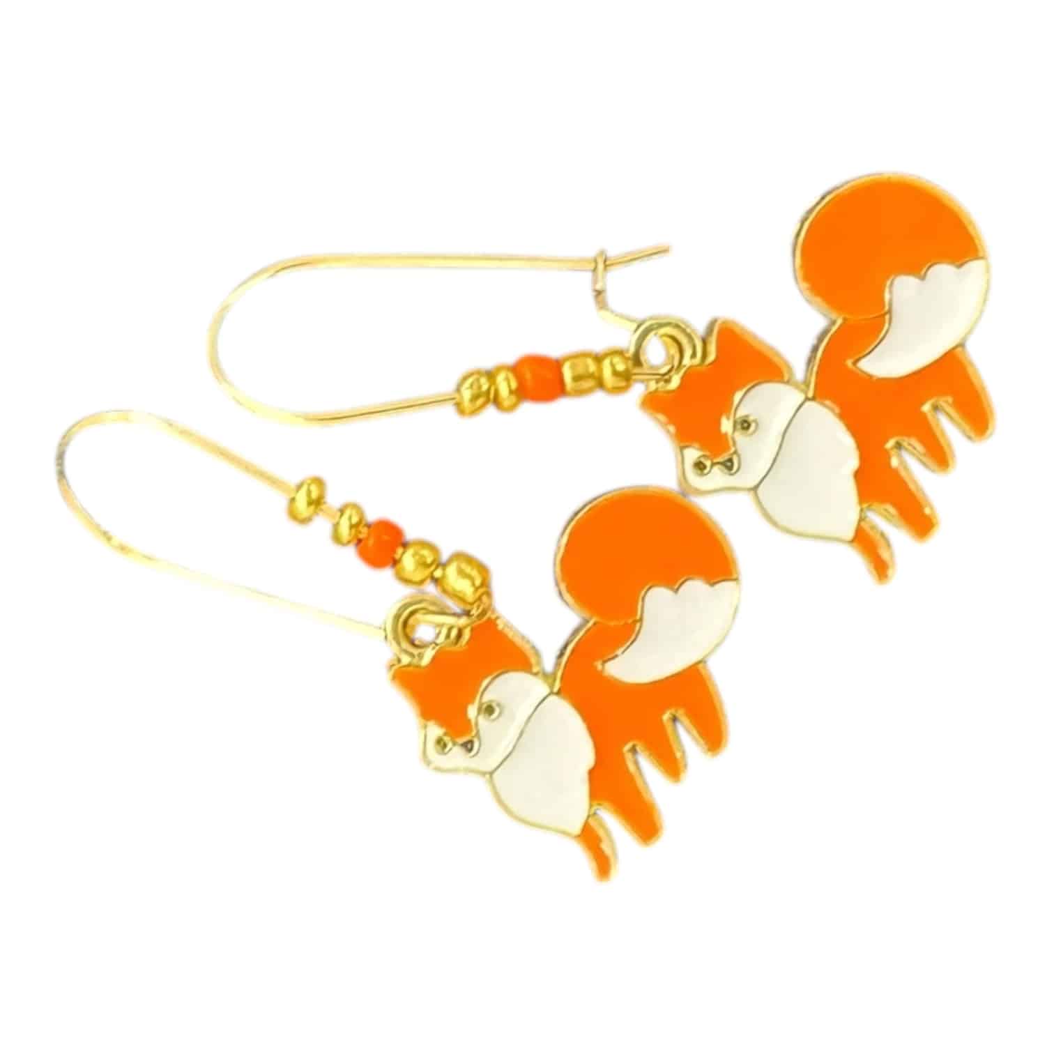 Foxy Charm Dangles by Art in Stone — handmade gold earrings with orange enamel fox charms for fun, creative, artisan-inspired style.