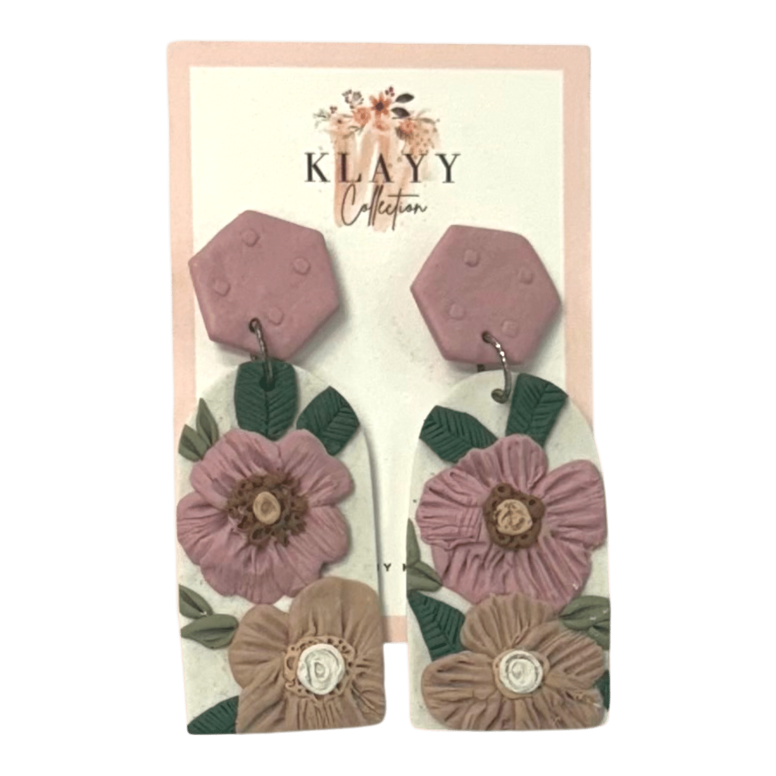 Petal Poetry polymer clay earrings by Klayy Collection – blush & nude handmade florals with pink hex studs. Romantic, elegant & lightweight.