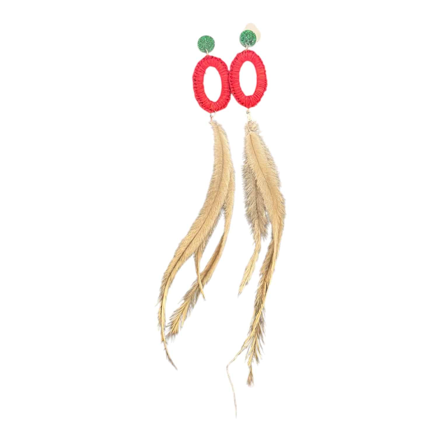 Holly Delight earrings by Gomeroi artist Debbie Wood. Red raffia, green studs, and Emu feathers. Festive, sparkly, and full of cheer.