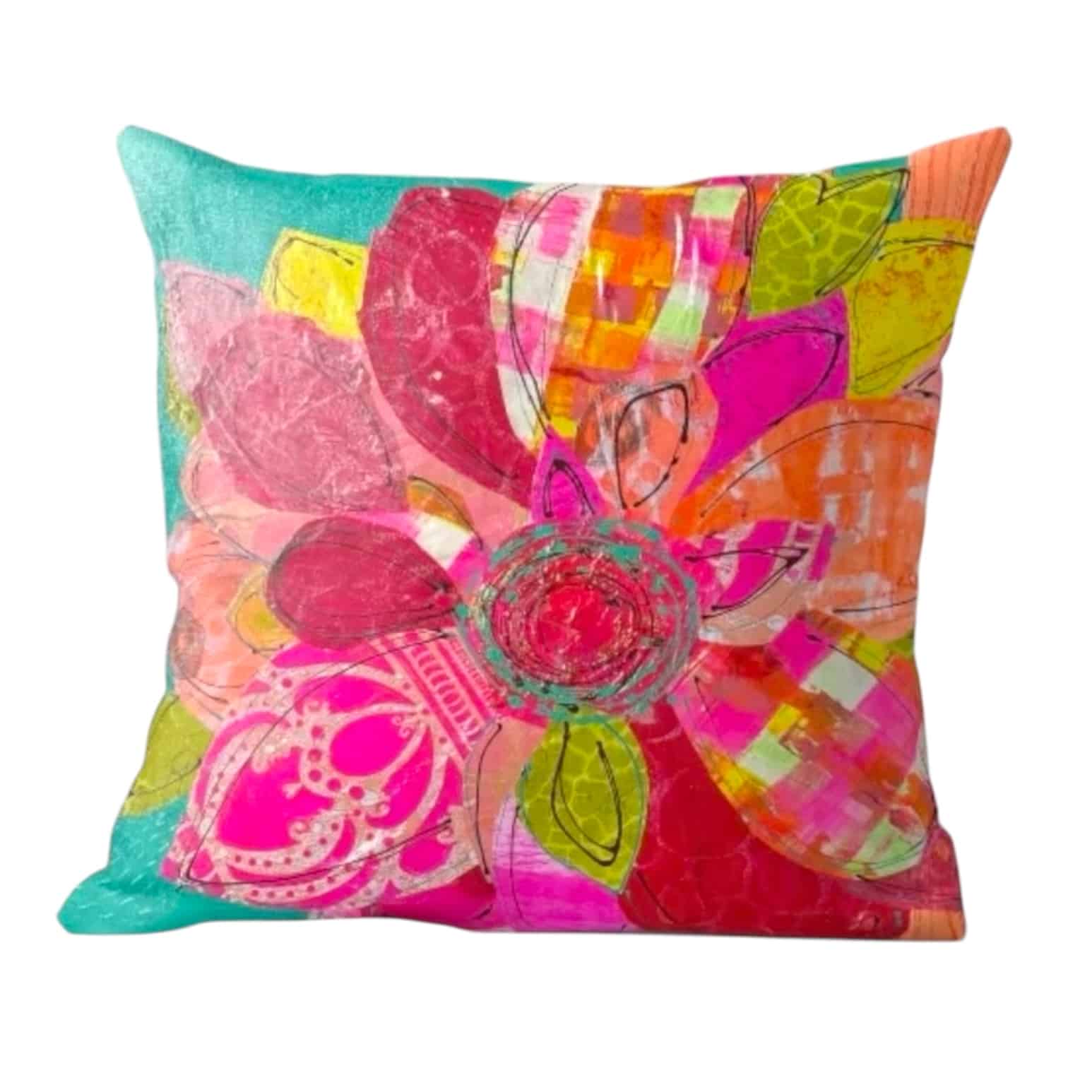Add a touch of joy to your decor with Lindy Farley's 40cm x 40cm vibrant floral cushion, featuring warm colours and abstract flower design.
