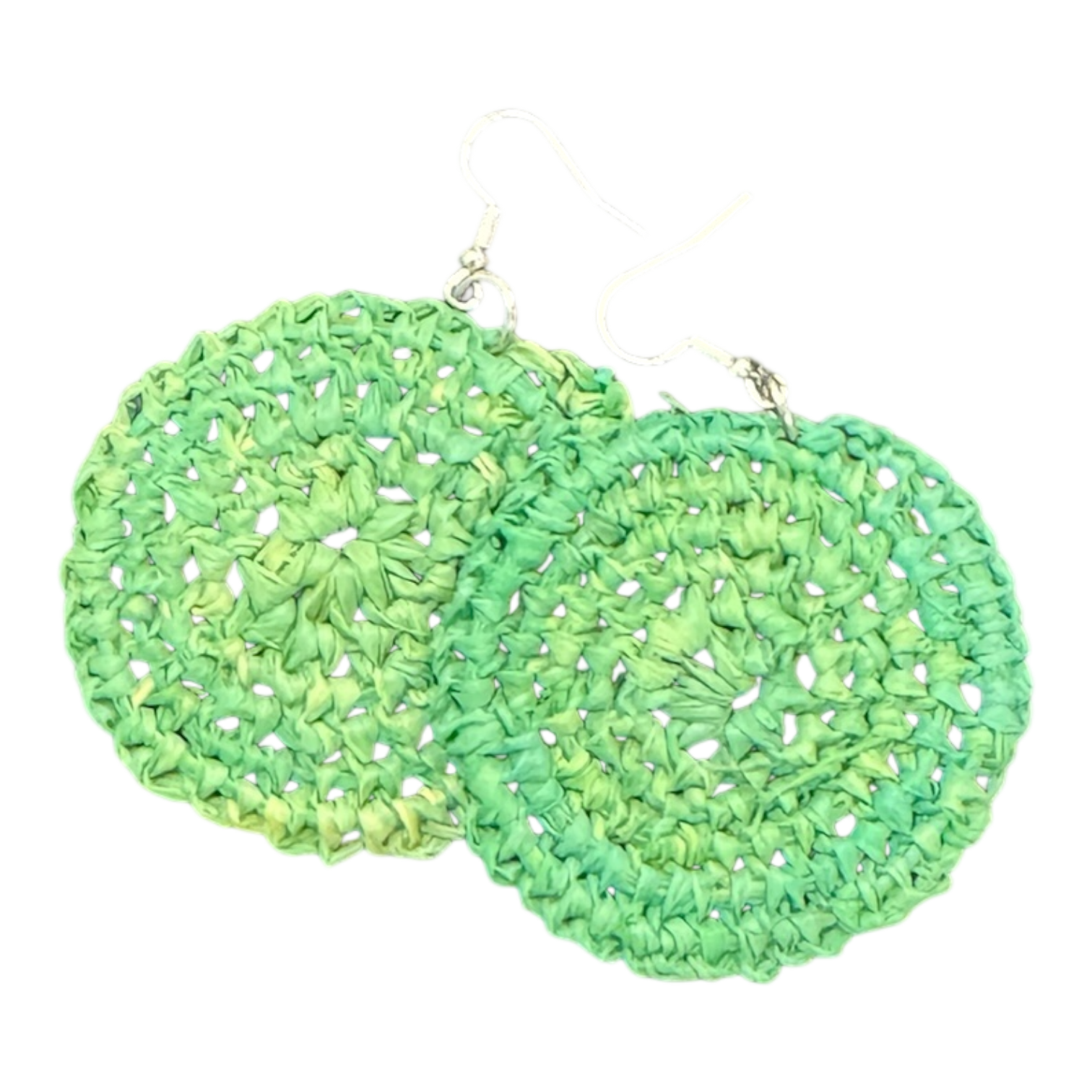 Soft green raffia earrings by Gomeroi artist Debbie Wood. Lightweight Indigenous handmade jewellery. Shop unique Australian earrings.