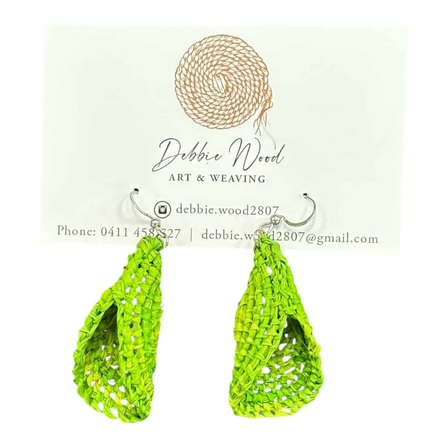 Lime Scoop handwoven earrings by Gomeroi artist Debbie Wood. Bright green twisted raffia earrings for a vibrant and fresh style.