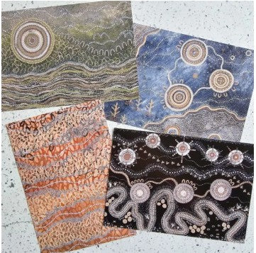 Discover the Mini Print Packs by Wiradjuri artist Amanda Hinkelmann. Each set includes four A5 prints, capturing sacred stories and connections to Country in exquisite detail.