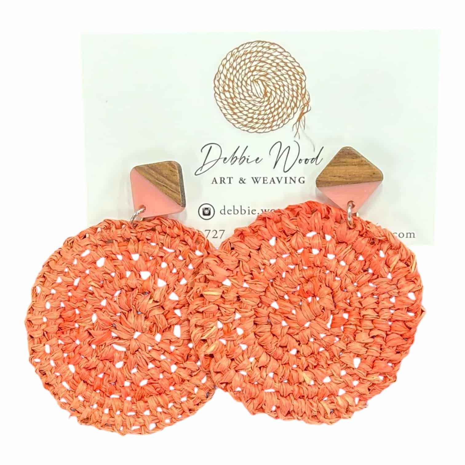 Peach Blossom handwoven earrings by Gomeroi artist Debbie Wood. Soft peach raffia earrings inspired by spring’s gentle colors.