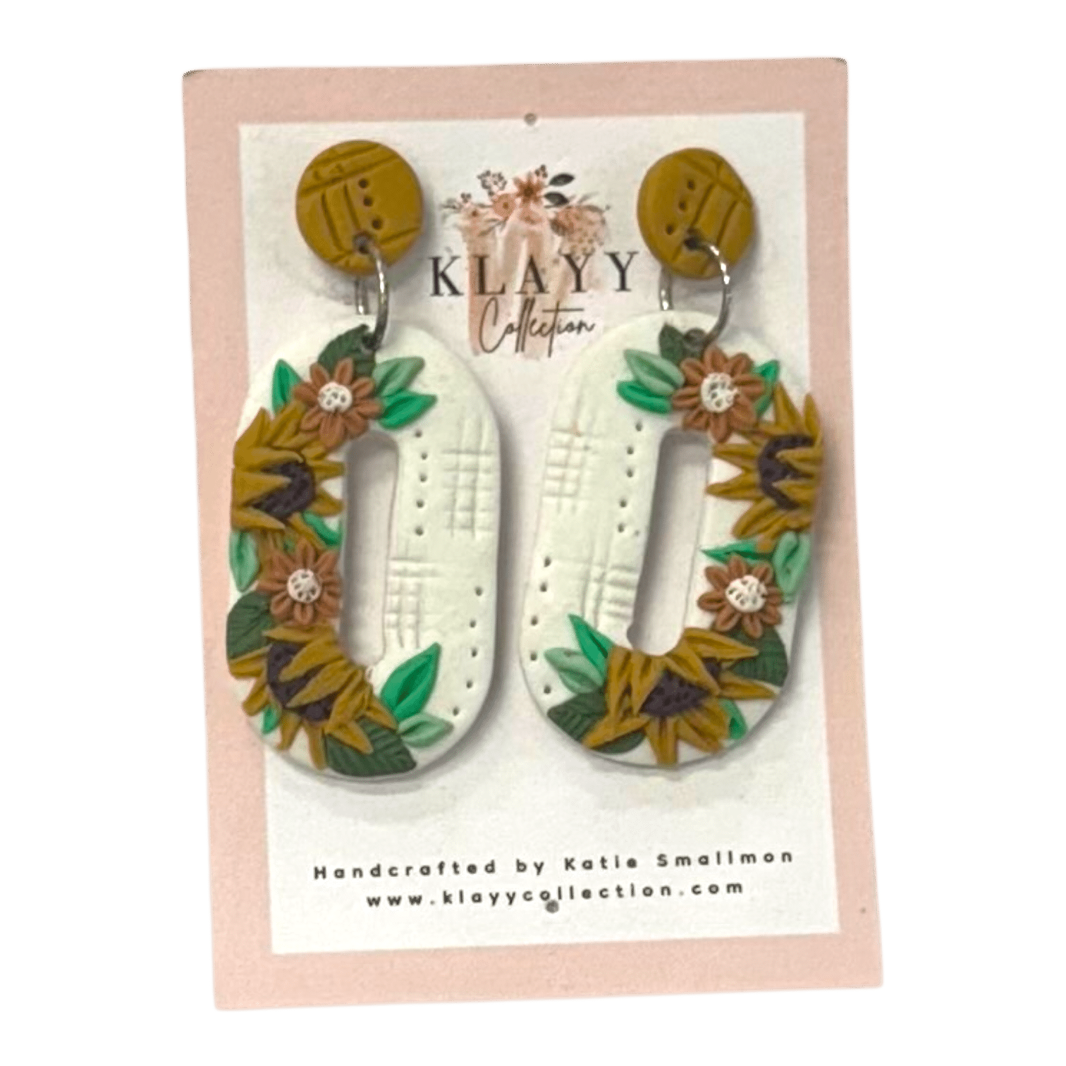 Sunbeam Blooms handmade polymer clay earrings by Klayy Collection – sun-inspired florals in ochre & white. Lightweight, textured & modern.