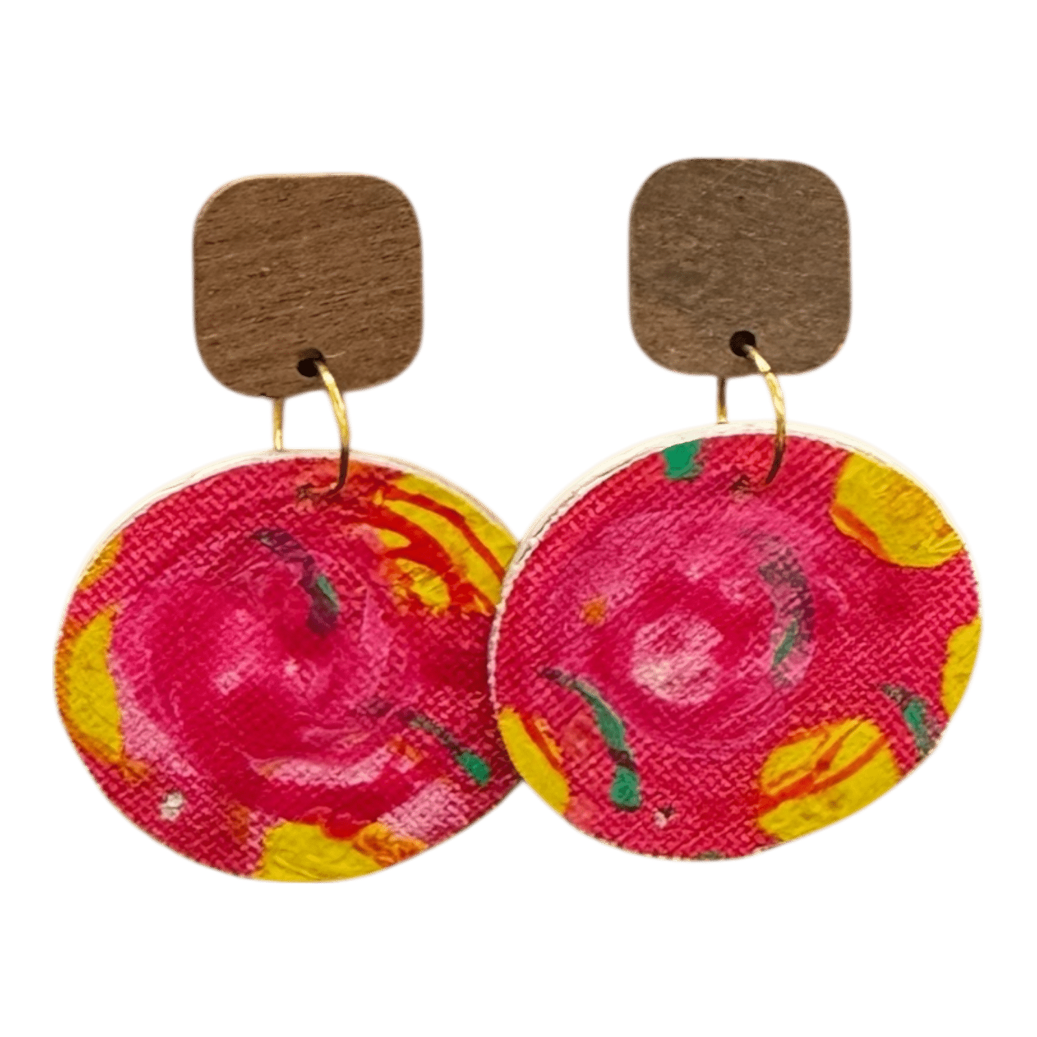 “Sunset Swirl” hand-painted earrings by Lindy Farley — pink, yellow, and orange eco art made from recycled coffee pods.
