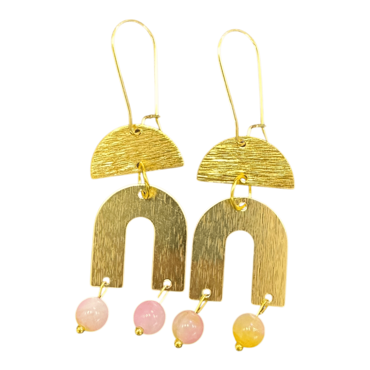 Handmade Golden Archway Earrings by Art in Stone — gold arches with half-moon tops and pastel beads, perfect for effortless modern style.