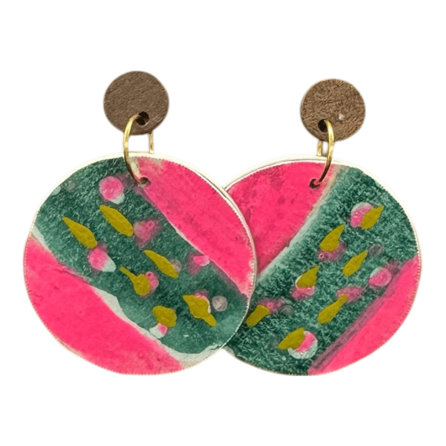 “Watermelon Waves” hand-painted eco earrings by Lindy Farley — fun pink and green recycled coffee pod art.