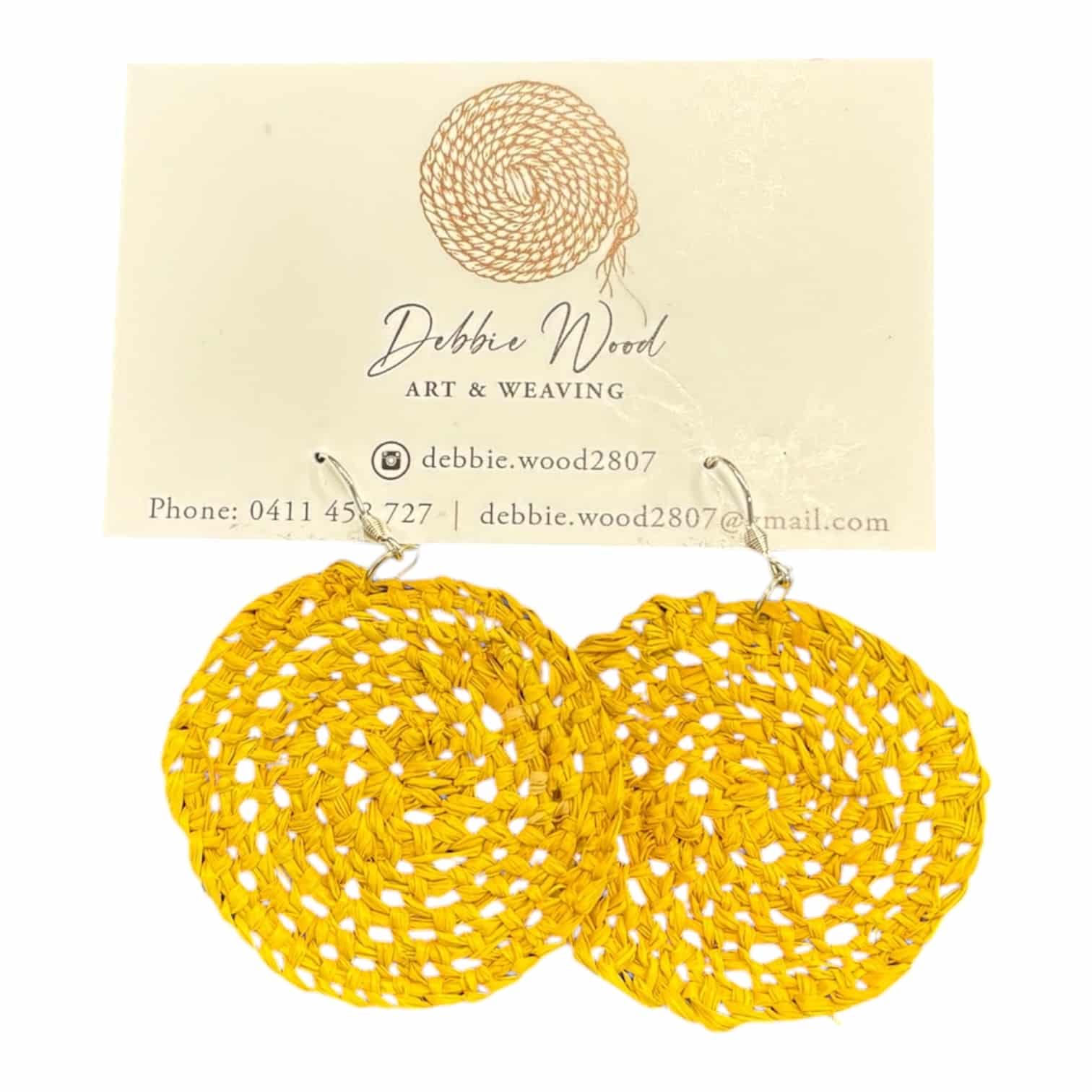 Brighten your day with "Sunshine Vibes" Raffia Earrings by Debbie Wood, handwoven on Wiradjuri Country. Fun, cheerful, and handmade with love!