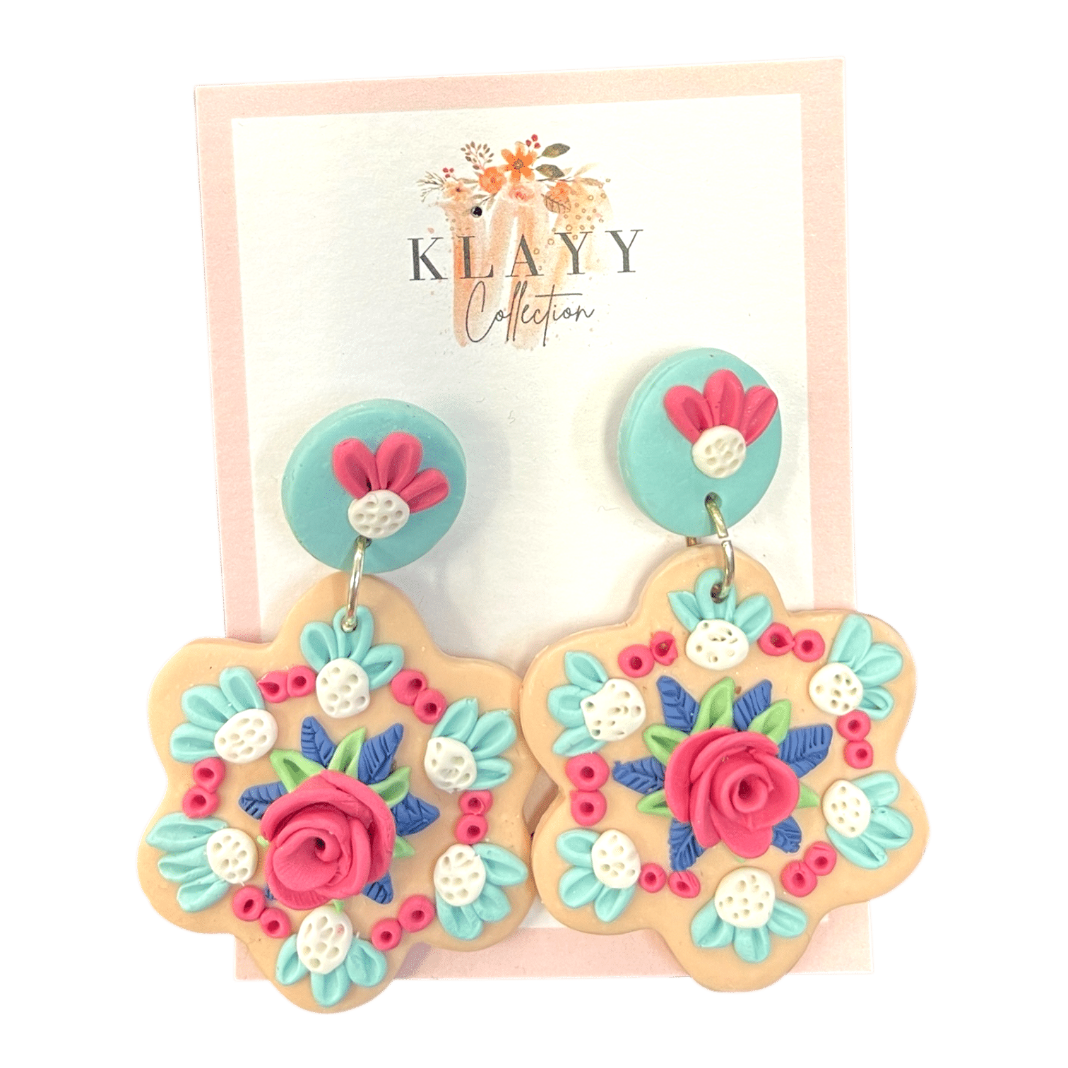 Pastel Posy earrings are sweet scalloped florals with roses, mint leaves, and soft pastels. Handmade polymer clay charm with a playful twist.