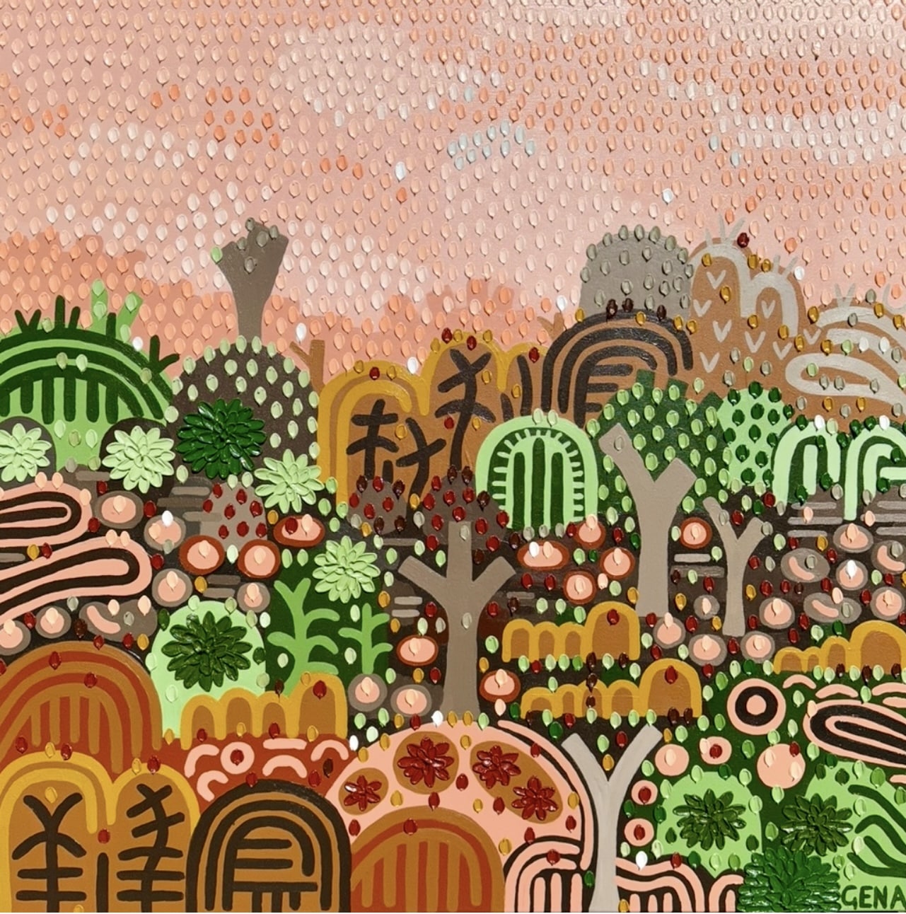 Gena Smithâ€™s oil paintings burst with colour, pattern, and textureâ€”joyful contemporary artworks that celebrate nature, rhythm, and vibrant Australian abstraction.