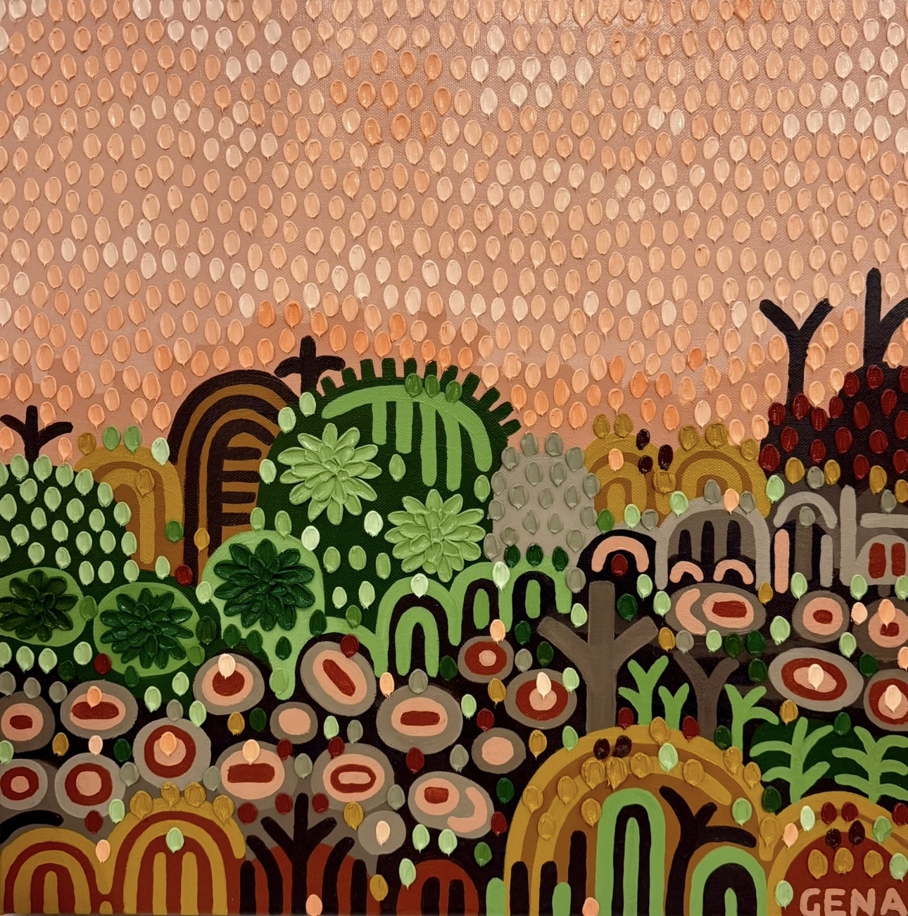 Gena Smithâ€™s oil paintings burst with colour, pattern, and textureâ€”joyful contemporary artworks that celebrate nature, rhythm, and vibrant Australian abstraction.