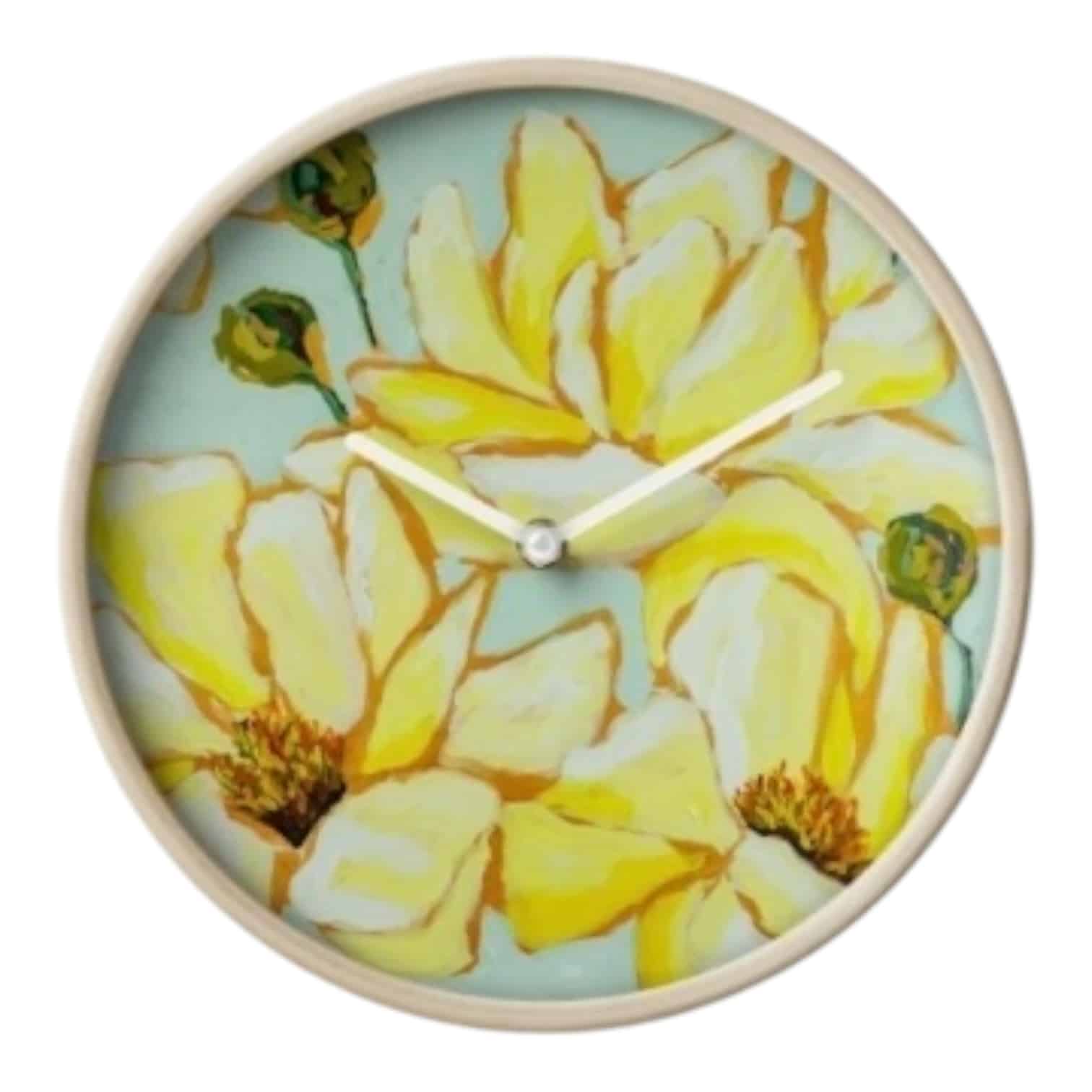 Brighten your home with the Sunshine Peonies Clock by Maggie Deall. Elegant yellow florals meet functional design.