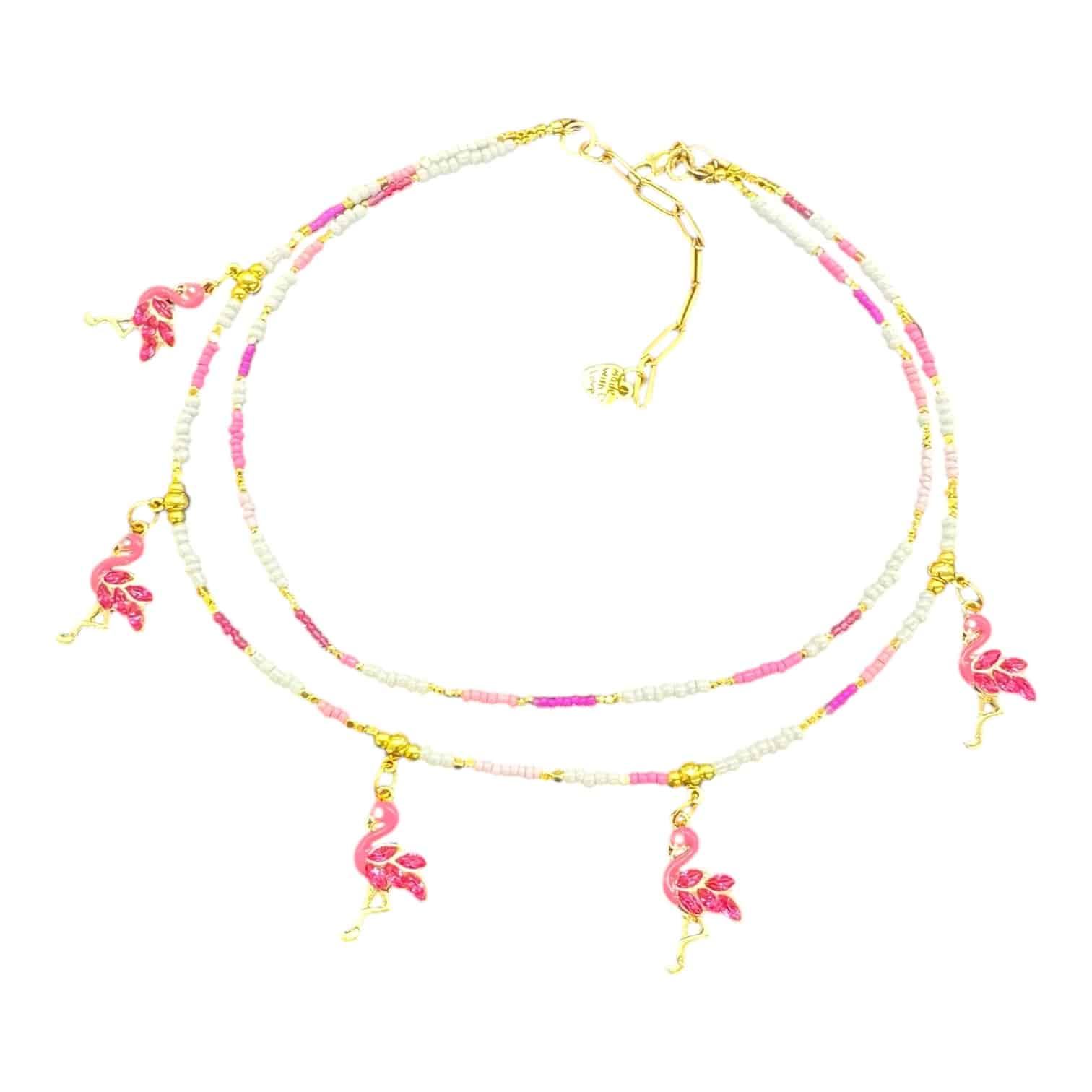 “Flamingle” handmade Art in Stone necklace — pink flamingo enamel charms, semi-precious stones & tropical Australian style.