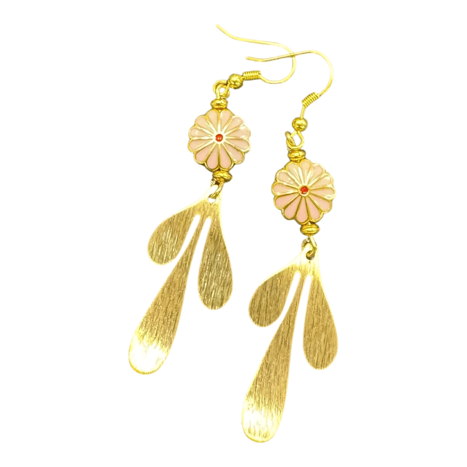 Petal Drop Earrings by Art in Stone — gold teardrop earrings with blush flower tops, handmade elegance for any occasion.