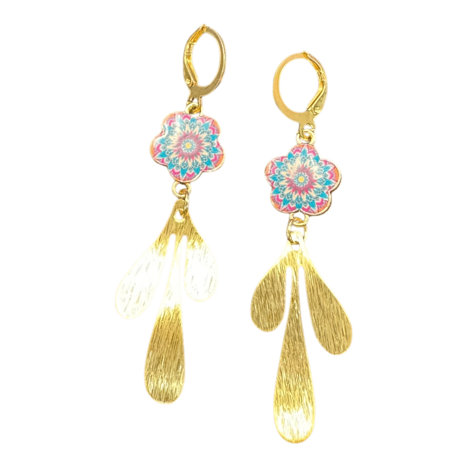 Mandala Muse Earrings by Art in Stone — handmade gold teardrop earrings with colourful mandala tops for bold, creative energy.