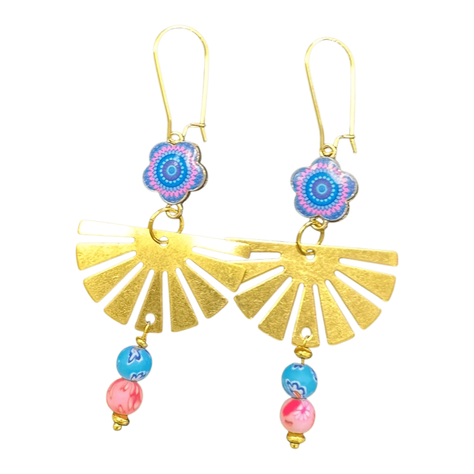 Festival Bloom Earrings by Art in Stone — handmade gold fan earrings with mandala flowers and colourful beads for vibrant, joyful style.